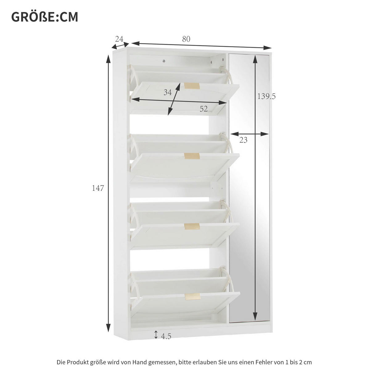 SCHUHSCHRANK 80/24/147 cm in Weiß mit Spiegel und 4 Klappen - Weiß, Holzwerkstoff (80/147/24cm) - Flora Grace