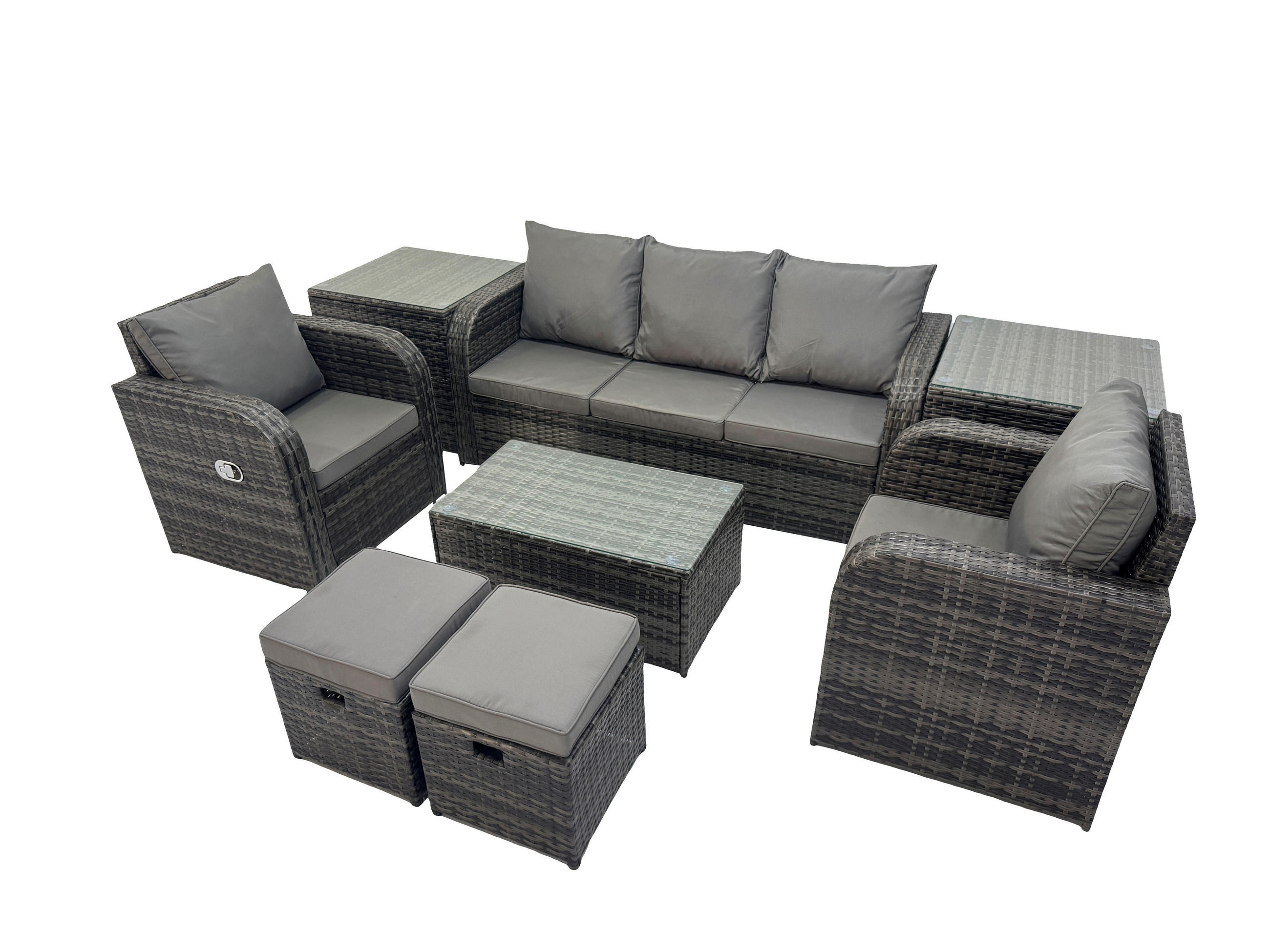 GARTENMÖBELSET mit Couchtisch Polyrattan 7-Sitzer - Dunkelgrau/Grau, Glas/Kunststoff - Fimous