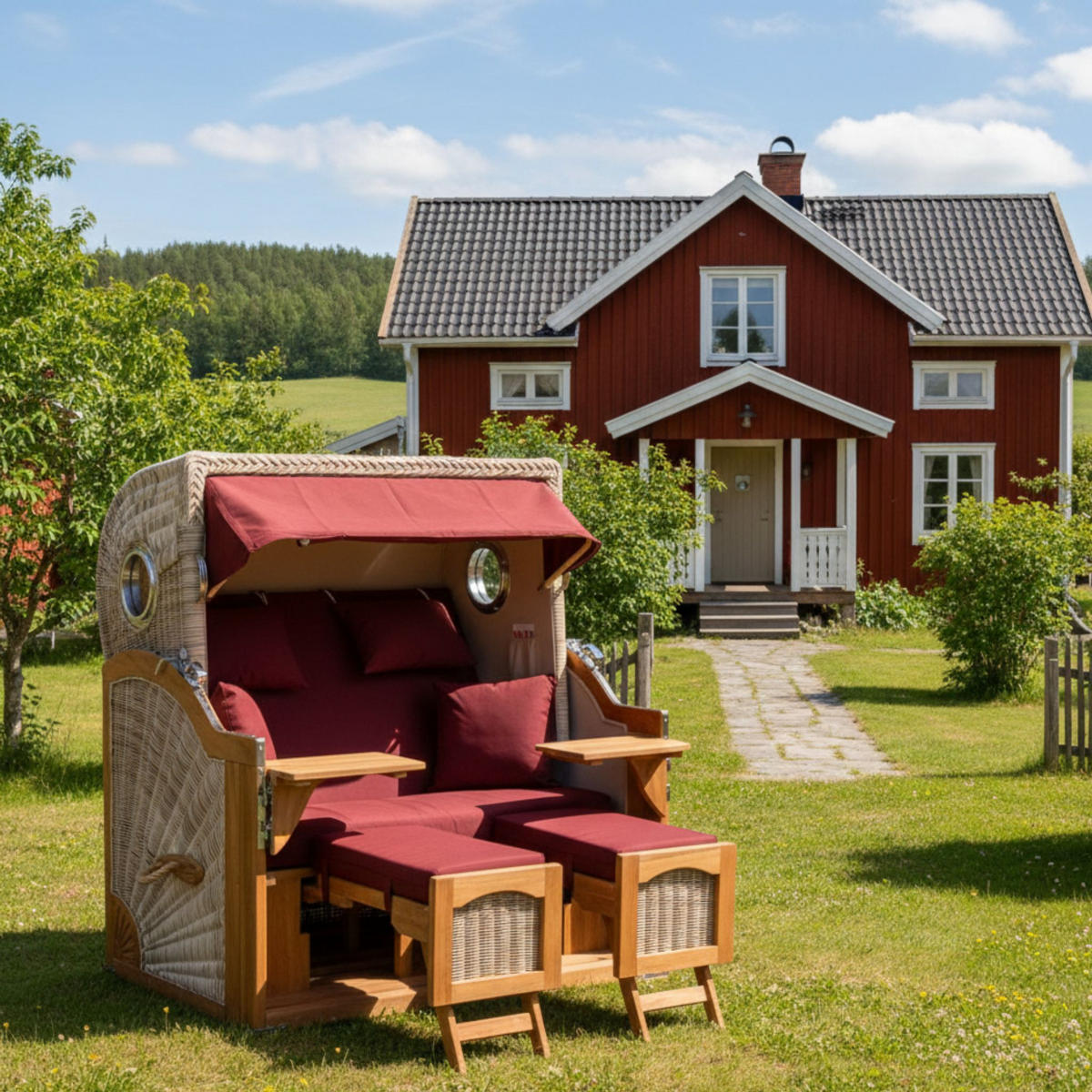 STRANDKORB XXL Düne Grande Teak PE Shell - Rot/Braun, Metall (142/170/95cm) - Mr. Deko