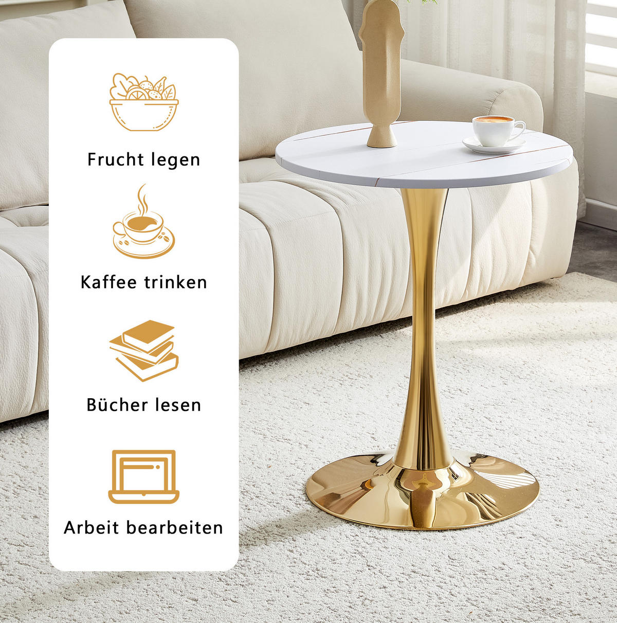 BEISTELLTISCH 60/60/72 cm mit thermoformter MDF-Tischplatte und Metallgestell, runde Form, Weiß/Gold - Weiß, Holzwerkstoff (60/60/72cm) - Redom