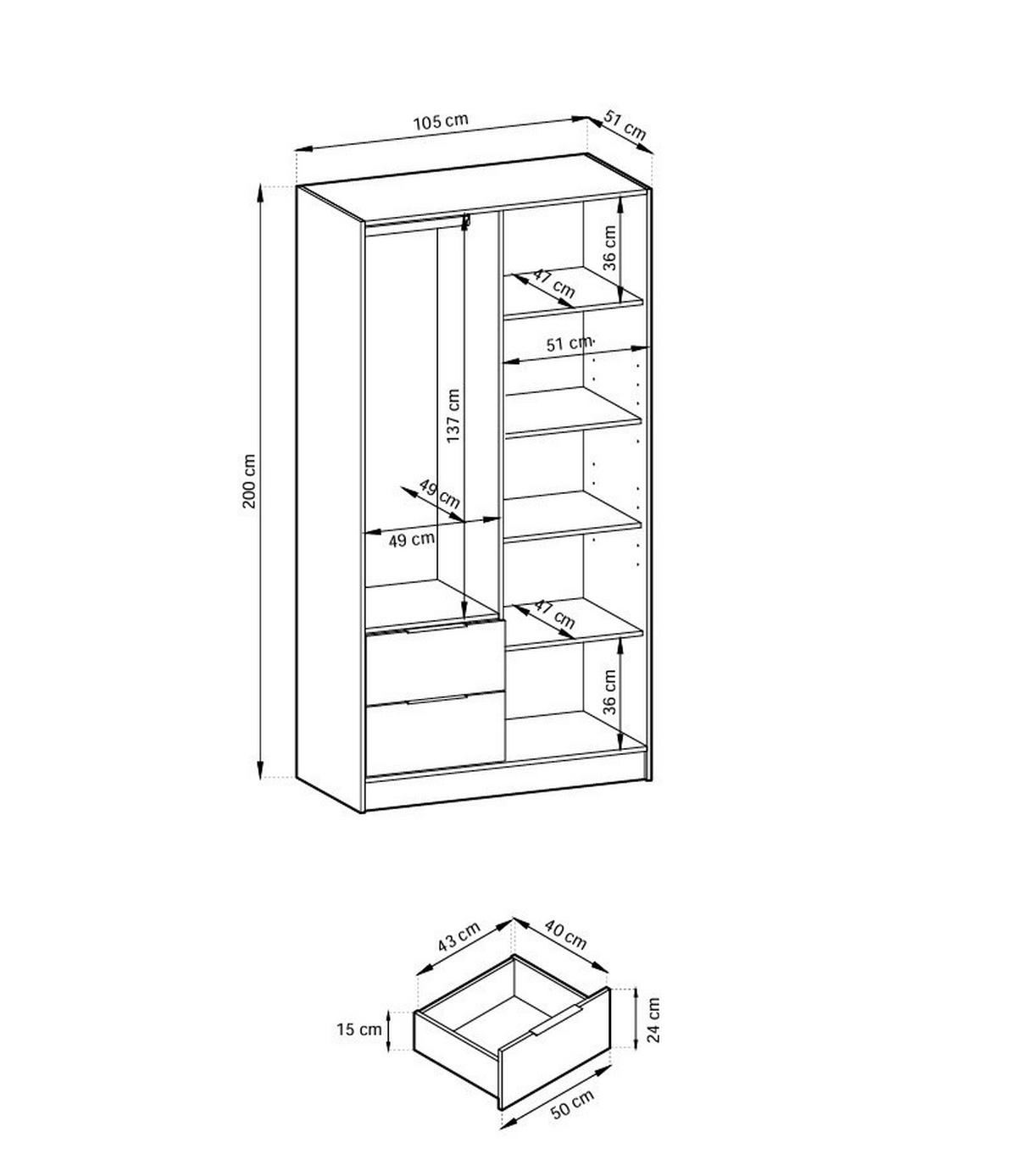 KLEIDERSCHRANK Stilo in Eiche Artisan, zweitürig, mit Schubladen und Lamellen an der Vorderseite - Schwarz/Eiche Artisan, Holzwerkstoff/Kunststoff (105/200/51cm) - Ravio
