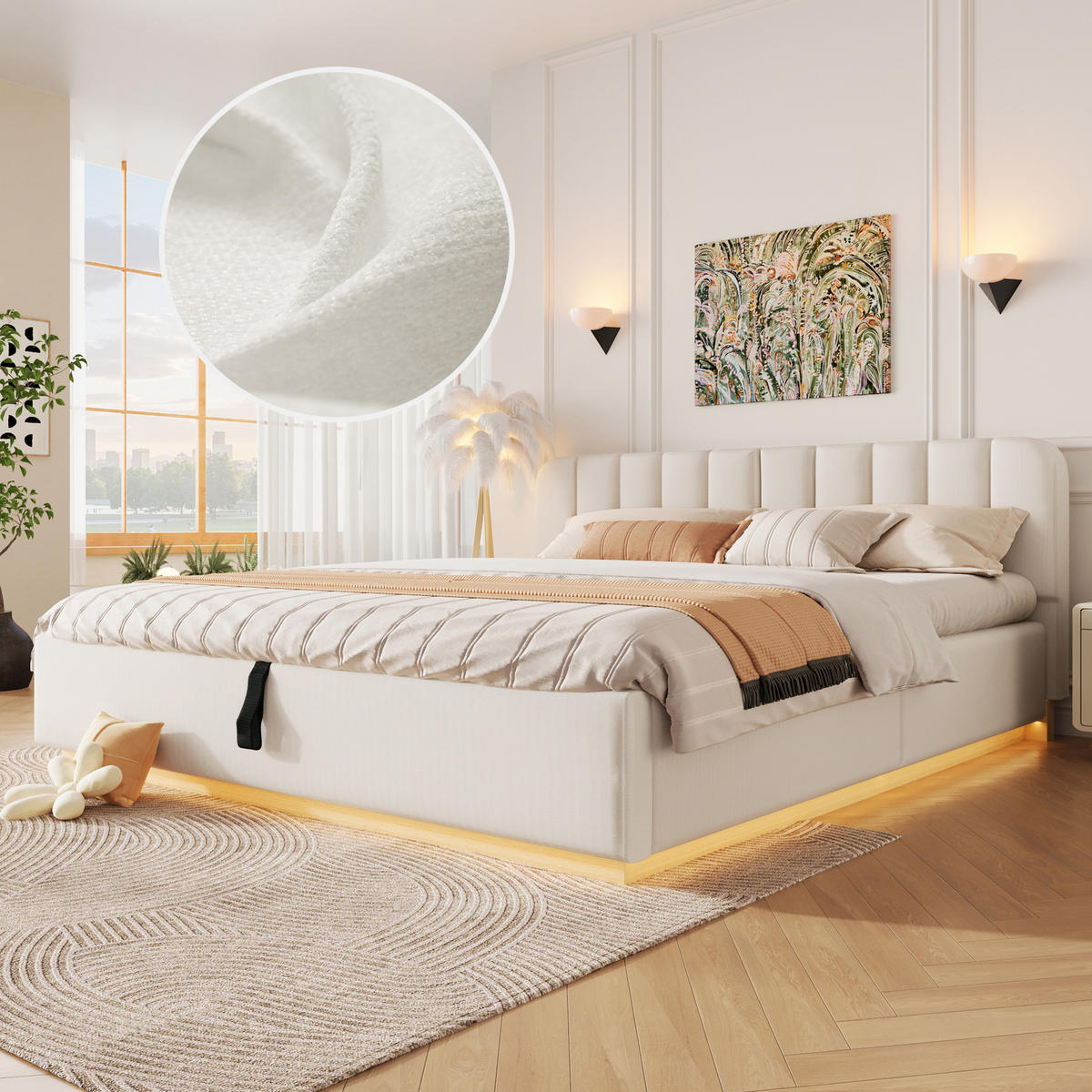 POLSTERBETT 180x200cm Hydraulik LED Chenille Beige - Beige, Holzwerkstoff (180/200cm) - FLIEKS