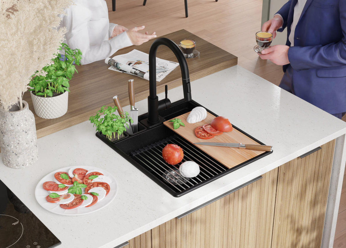 GRANITSPÜLE New York, 2-er set Alles Schwarz 48/53 cm 1 Becken + Küchenarmatur 40/38 cm + Ablauf-Set + Küchenzubehörset ab 50er Unterschrank - Beige/Schwarz, Kunststoff (48/20/53cm) - Primagran