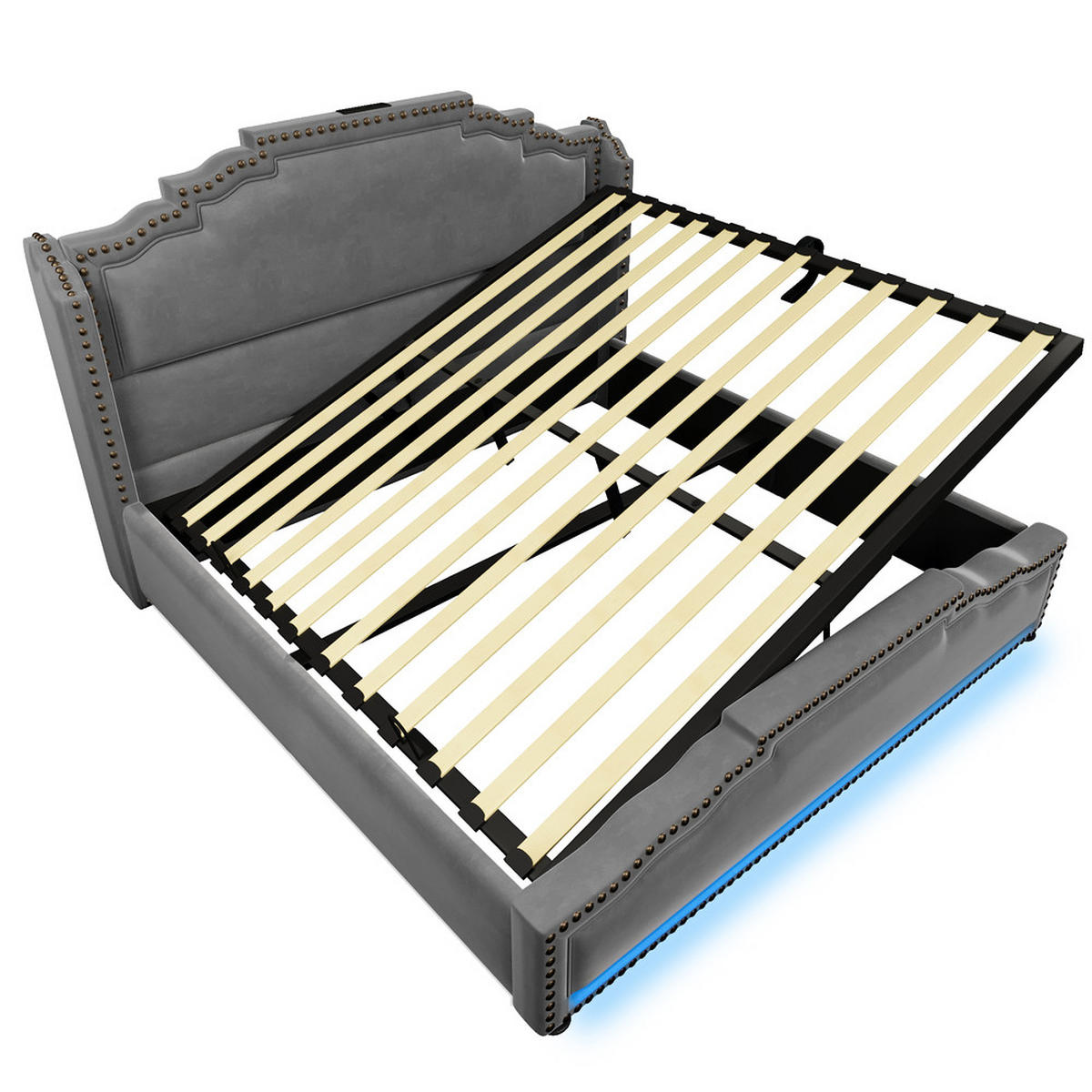 POLSTERBETT 140X200 mit LED USB C Lattenrost und hydraulischem Stauraum - Grau, Holz (140/200cm) - FLIEKS
