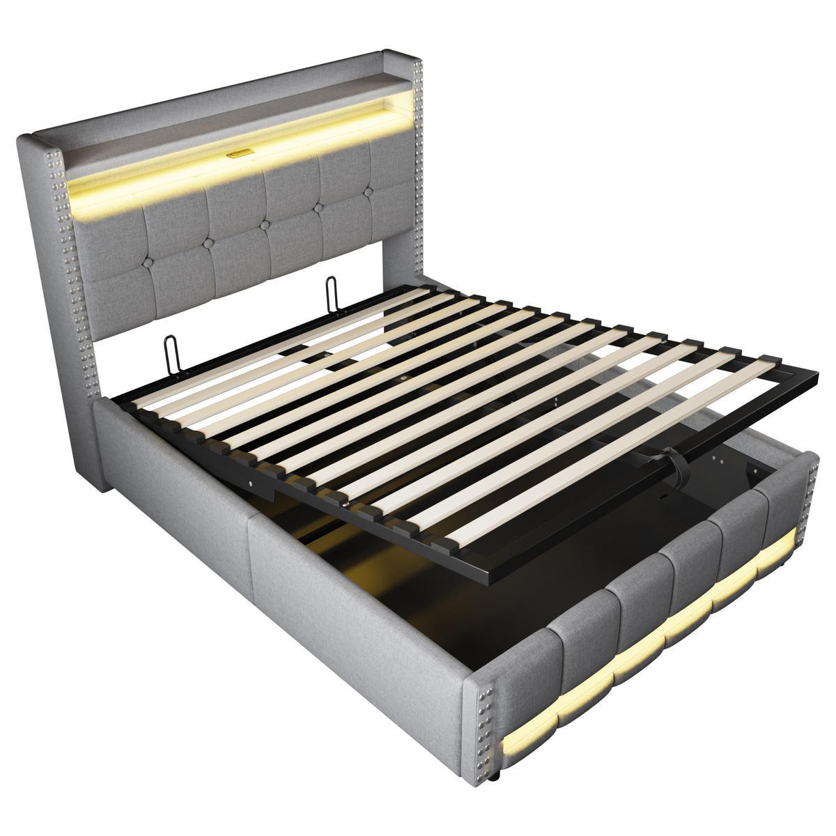 POLSTERBETT 140/200 cm Hellgrau mit LED-Beleuchtung und USB-Steckdose - Hellgrau, Textil (140/200cm) - OKWISH