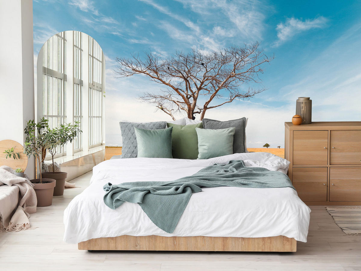 FOTOTAPETE für Wohnzimmer Trockener Baum Wüste Sand 450x315 - Beige/Orange, Papier (450/315cm) - Muralo