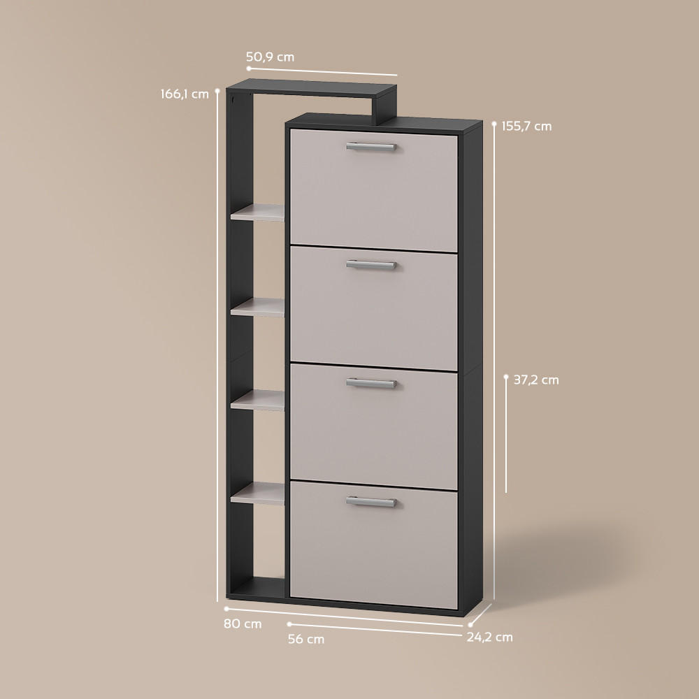 SCHUHKIPPER Ortello Anthrazit/Greige 80 x 166.1 cm mit 4 Fächern - Greige/Anthrazit, Holzwerkstoff (80/166.1/24.2cm) - Livinity®