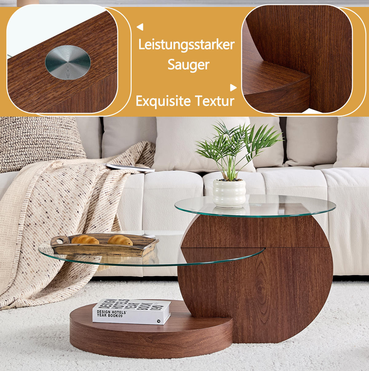 COUCHTISCH 70/70/44 cm mit mehrstufigen Ablagen und Sicherheitsglasplatte in Walnussoptik, Transparent/Walnuss - Walnussfarben, Holzwerkstoff (70/70/44cm) - Redom