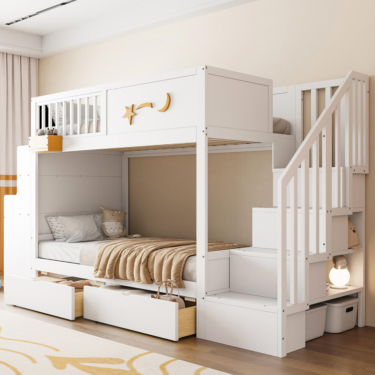 ETAGENBETT 90/200 cm aus Kiefernholz mit Schreibtisch und Treppe, Weiß - Weiß, Holz (90/200cm) - OKMYHOME