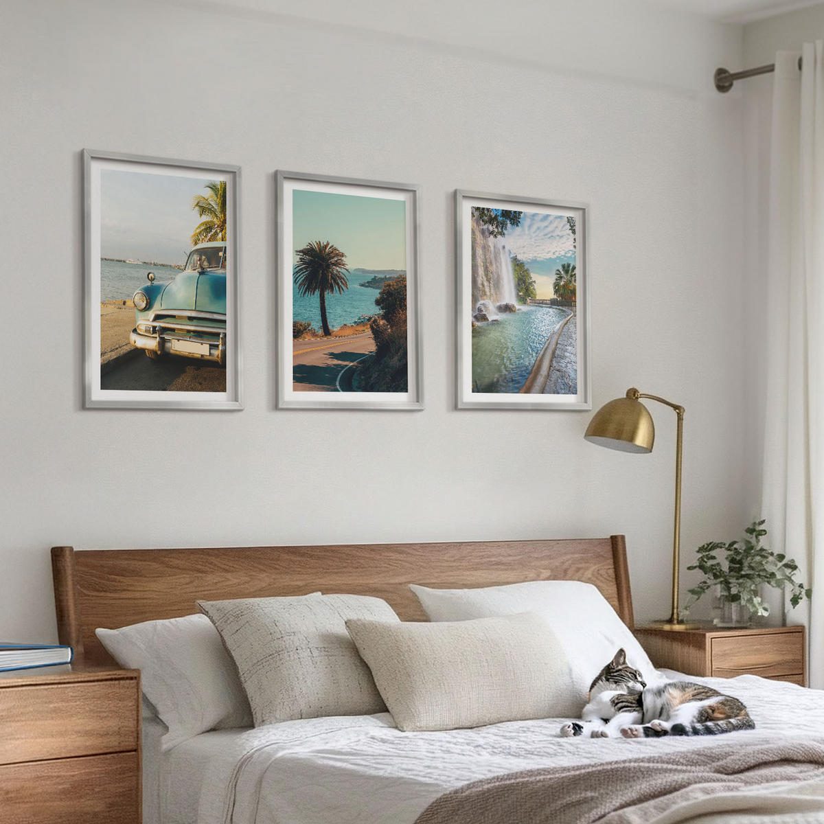 WANDBILDER 3er Set - 40x60 cm Silberner Rahmen - Urlaub Palmen Wasserfall - Silberfarben, Kunststoff (40/60cm) - ArtPrintCave