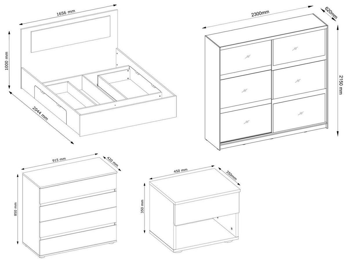 SCHLAFZIMMER-SET Fino graphit 5-teilig - Graphitfarben/Grau, Holz/Holzwerkstoff (160/200cm) - Feldmann-Wohnen