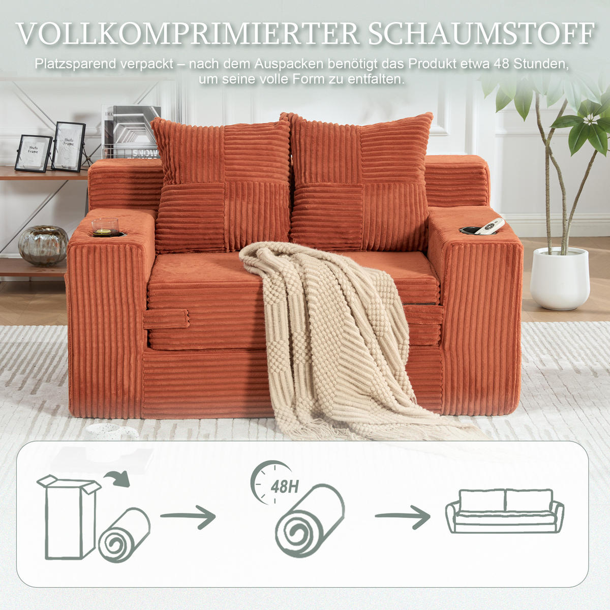 1,5-SITZER ausklappbar, Getränkehalter/Seitentasche, Cord, Orange - Orange, Textil (133/64/87cm) - LVHOM