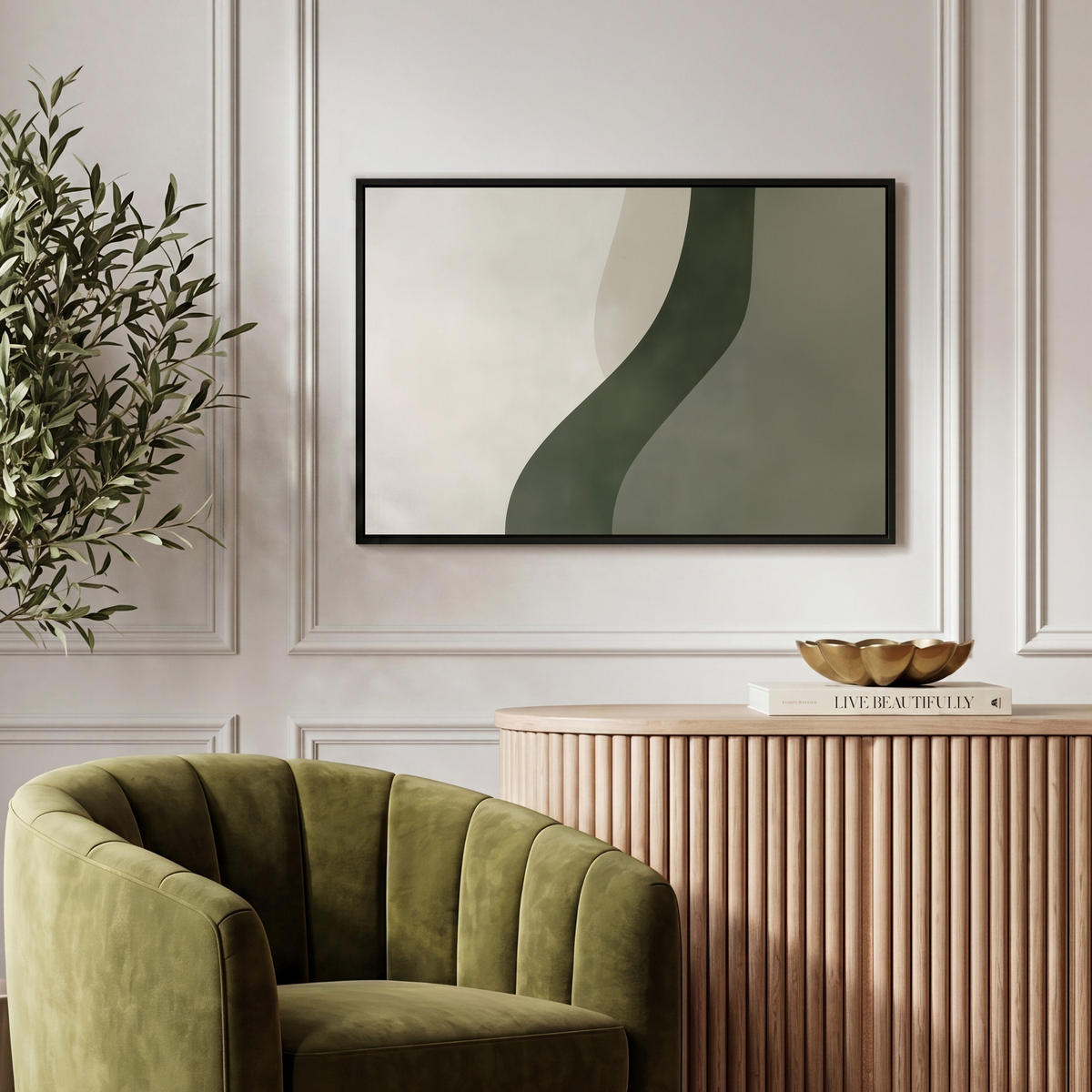 LEINWAND Bilder mit Rahmen - Japandi - Grün - Abstrakt - Modern - 60x40 - Salbeigrün, Textil (60/40cm) - MuchoWow