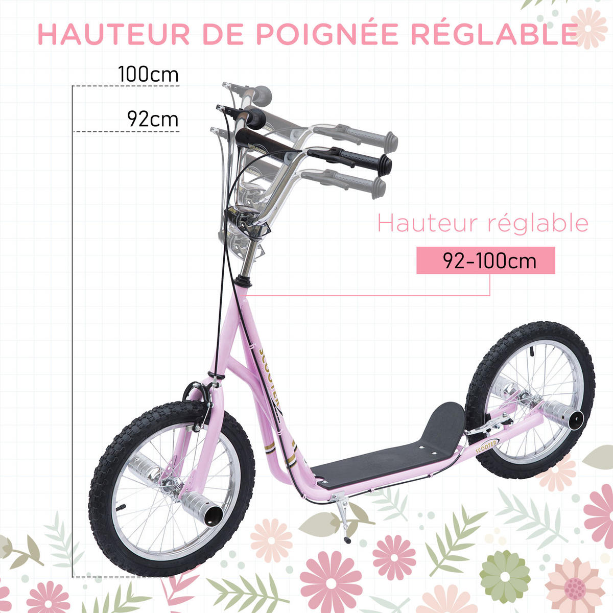 KINDERSCOOTER DE-16934 Große Luftreifen 41 cm mit Pegs Rosa - Pink, Metall (143/58/100cm) - ComfortXL