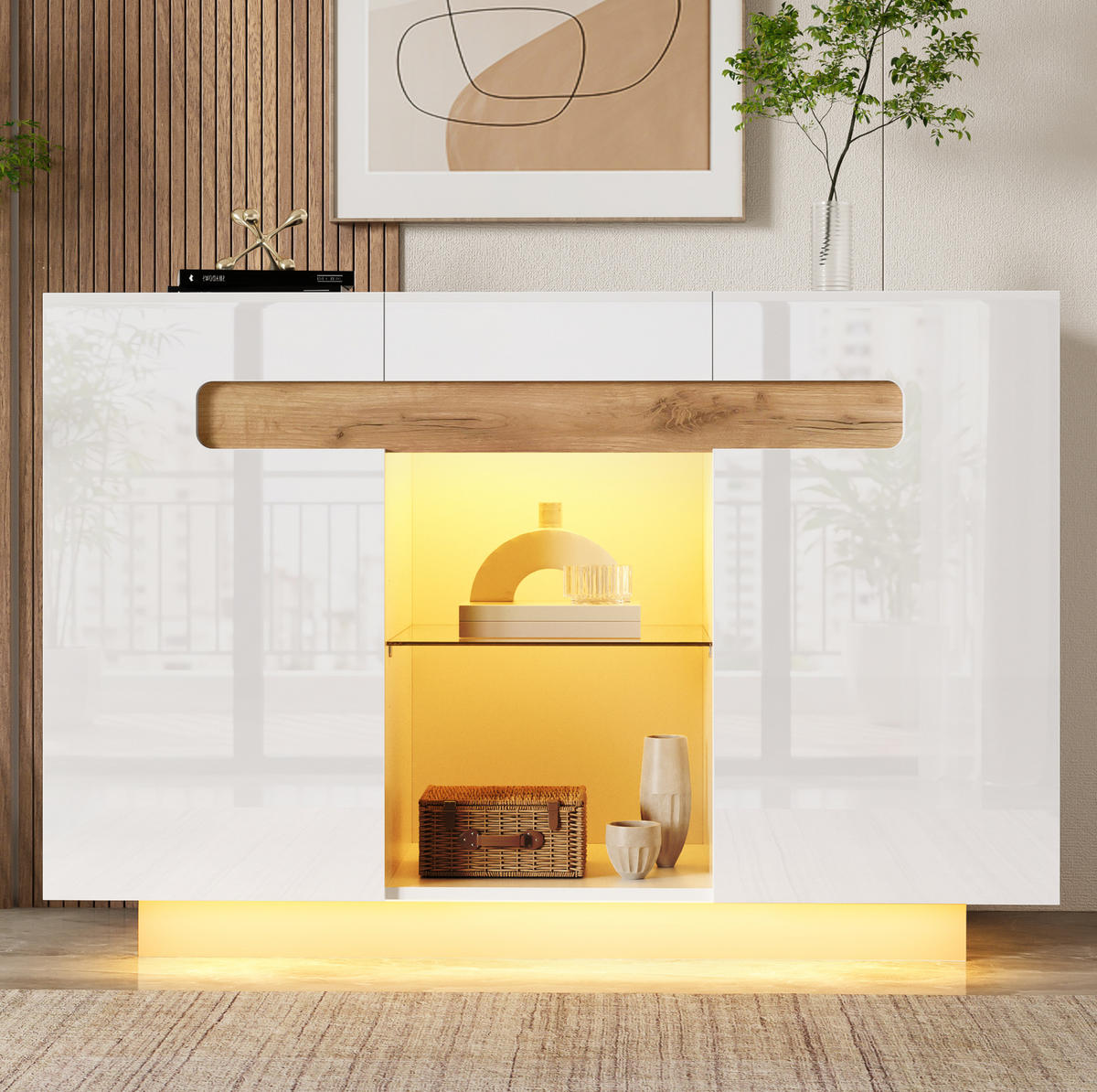 SIDEBOARD 120/40/80 cm Weiß/Natur aus Spanplatte und Glas mit LED - Weiß, Glas (120/80/40cm) - OKWISH
