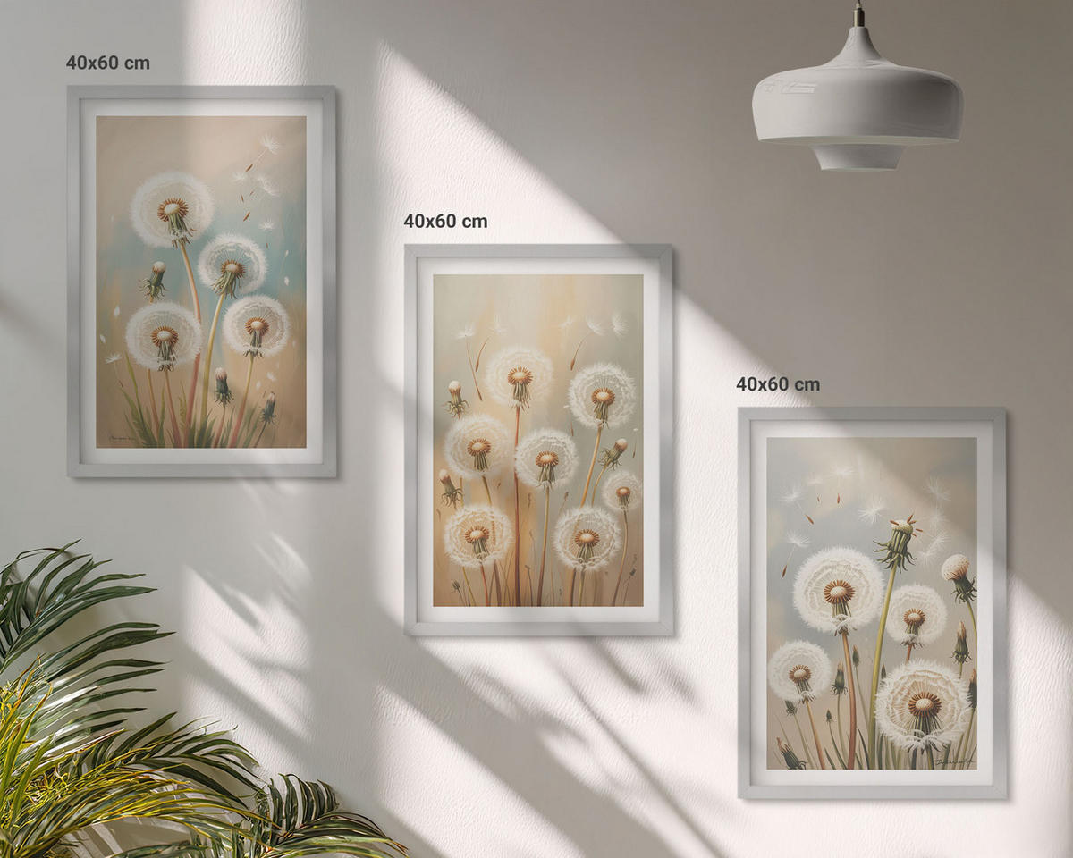 WANDBILDER 3er Set - 40x60 cm Silberner Rahmen - Pastellfarbene Löwenzahnblüten - Silberfarben, Kunststoff (40/60cm) - ArtPrintCave