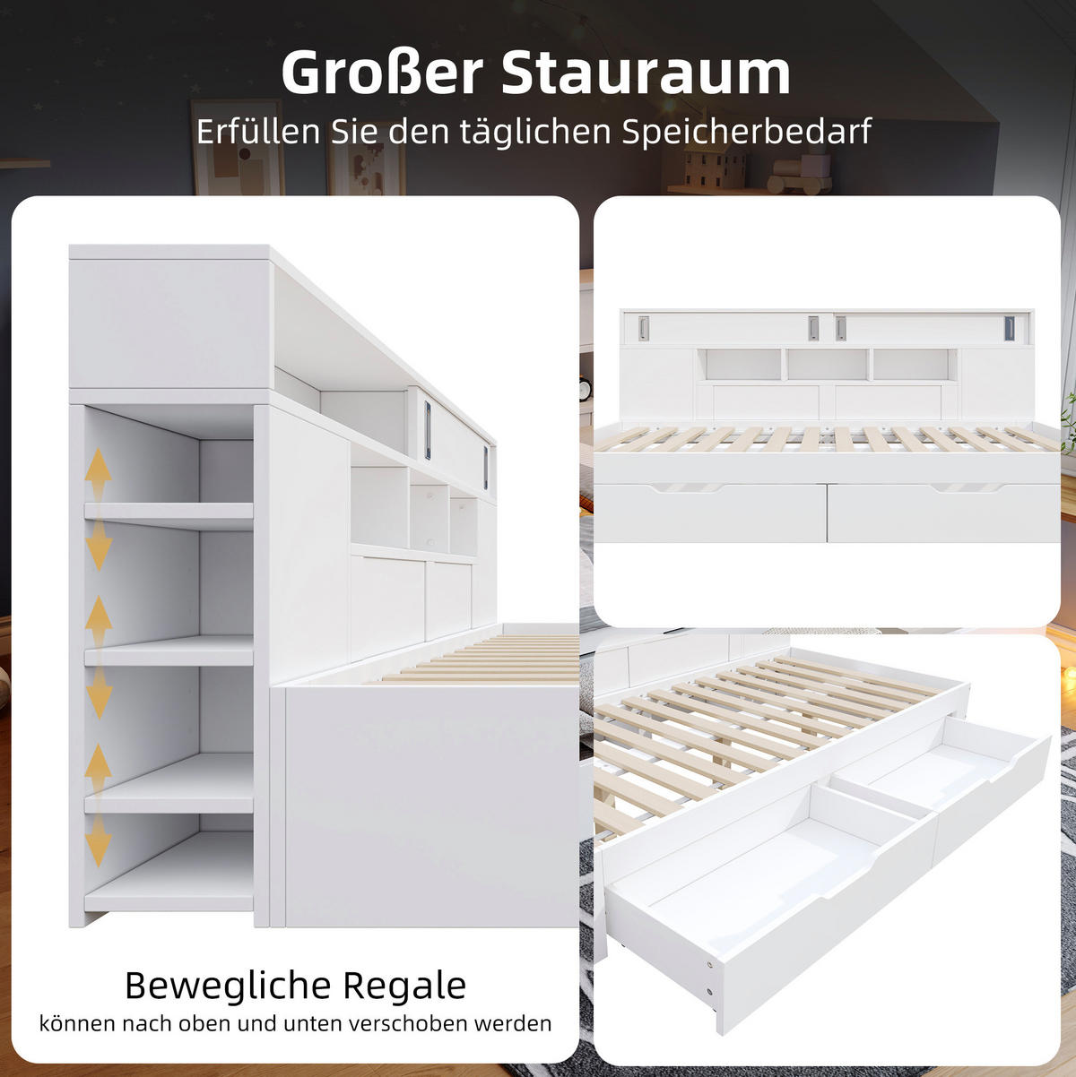 POSTEL pro děti 90/200 cm bílá z MDF s úložnými šuplíky a policemi s vestavěným úložným prostorem - bílá, kompozitní dřevo (90/200cm) - OKWISH
