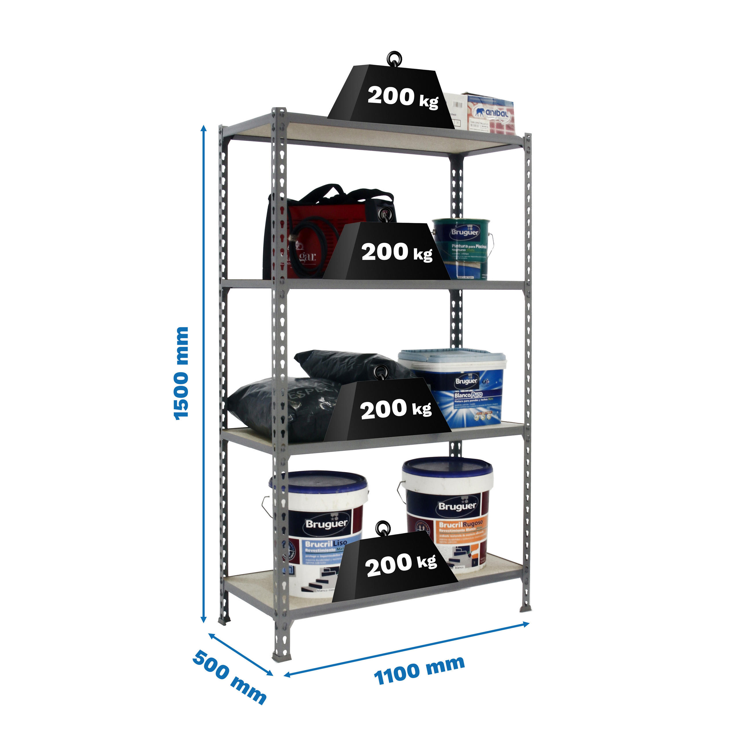 SCHWERLASTREGAL Mid Muli HxBxT 150 x 110 x 50 cm 4 Fachböden Fachlast 200 kg Grau - Grau, Metall (110/150/50cm) - PROREGAL