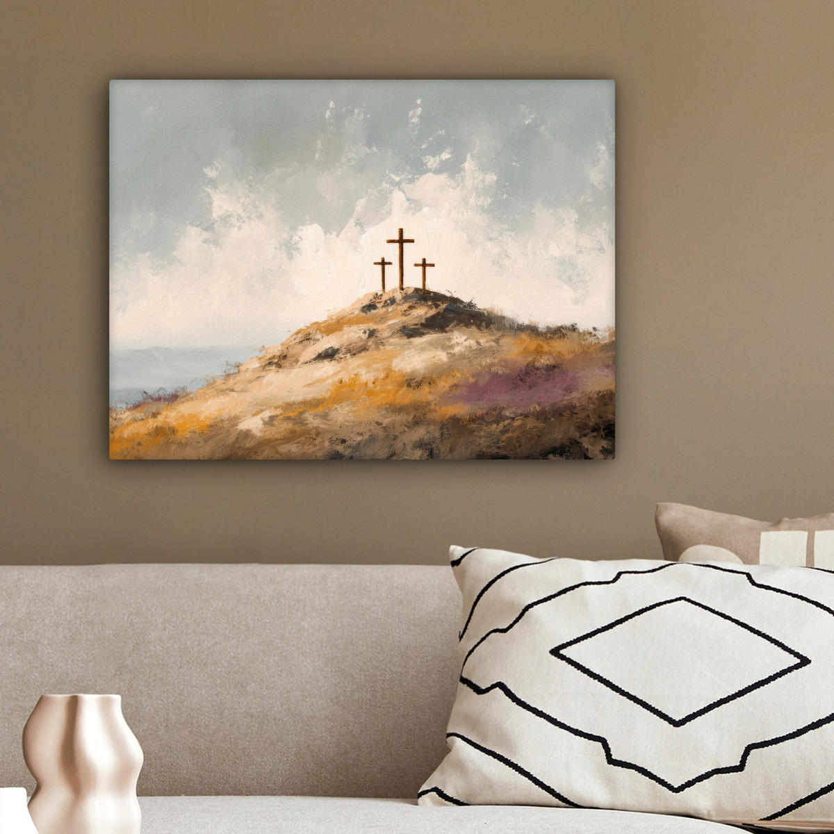 LEINWANDBILD Hügel - Abstrakt - Christentum - Kreuz Wandbild 40x30 cm - Hellgrau, Textil (40/30cm) - MuchoWow