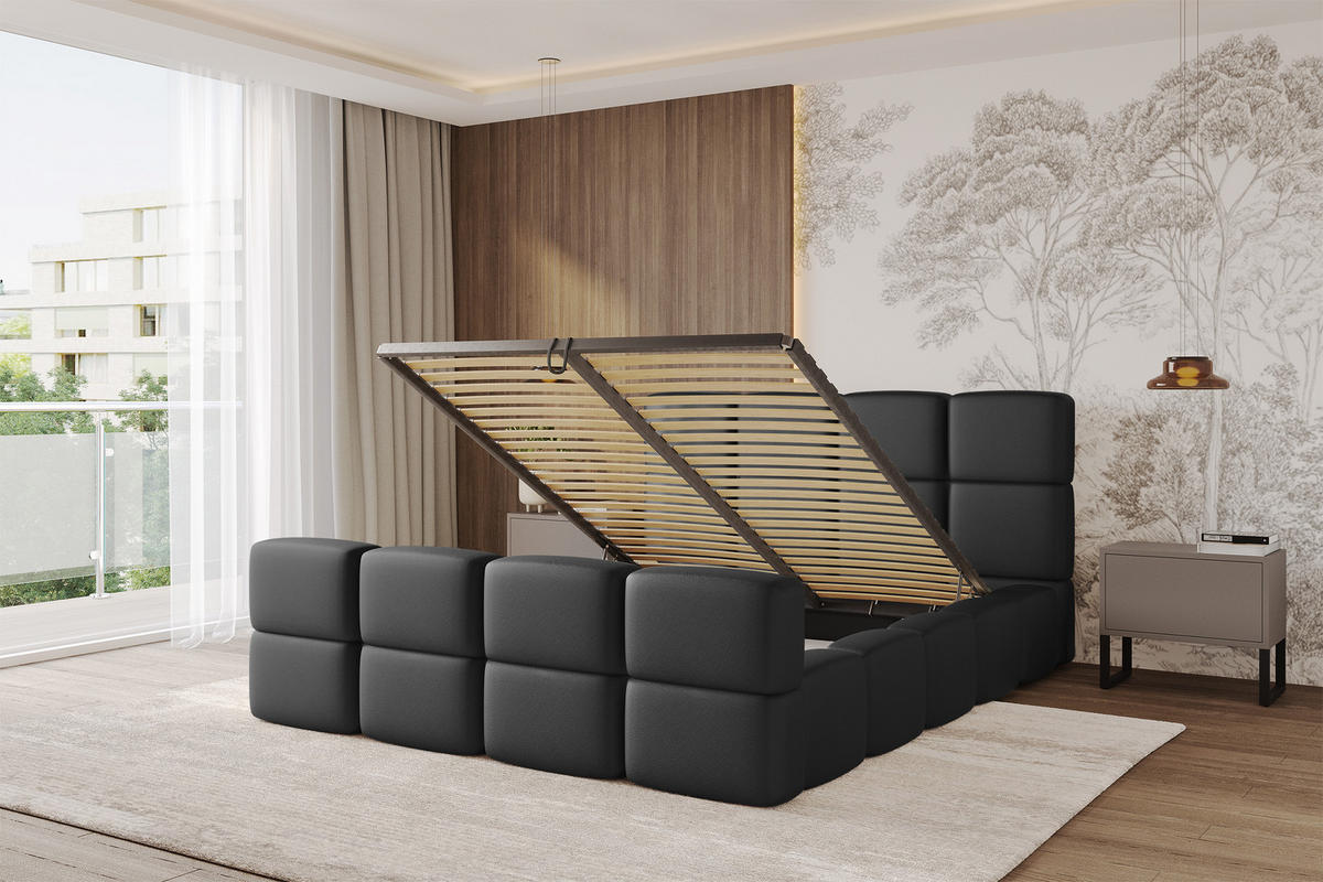 POLSTERBETT mit Bettkasten und Lattenrost, Bett mit Kopfteil, Boxbett ohne Matratze, Doppelbett mit Stauraum - NATA-Z 120x200 Schwarz - Schwarz, Holzwerkstoff/Textil (120/200cm) - ALTDECOR