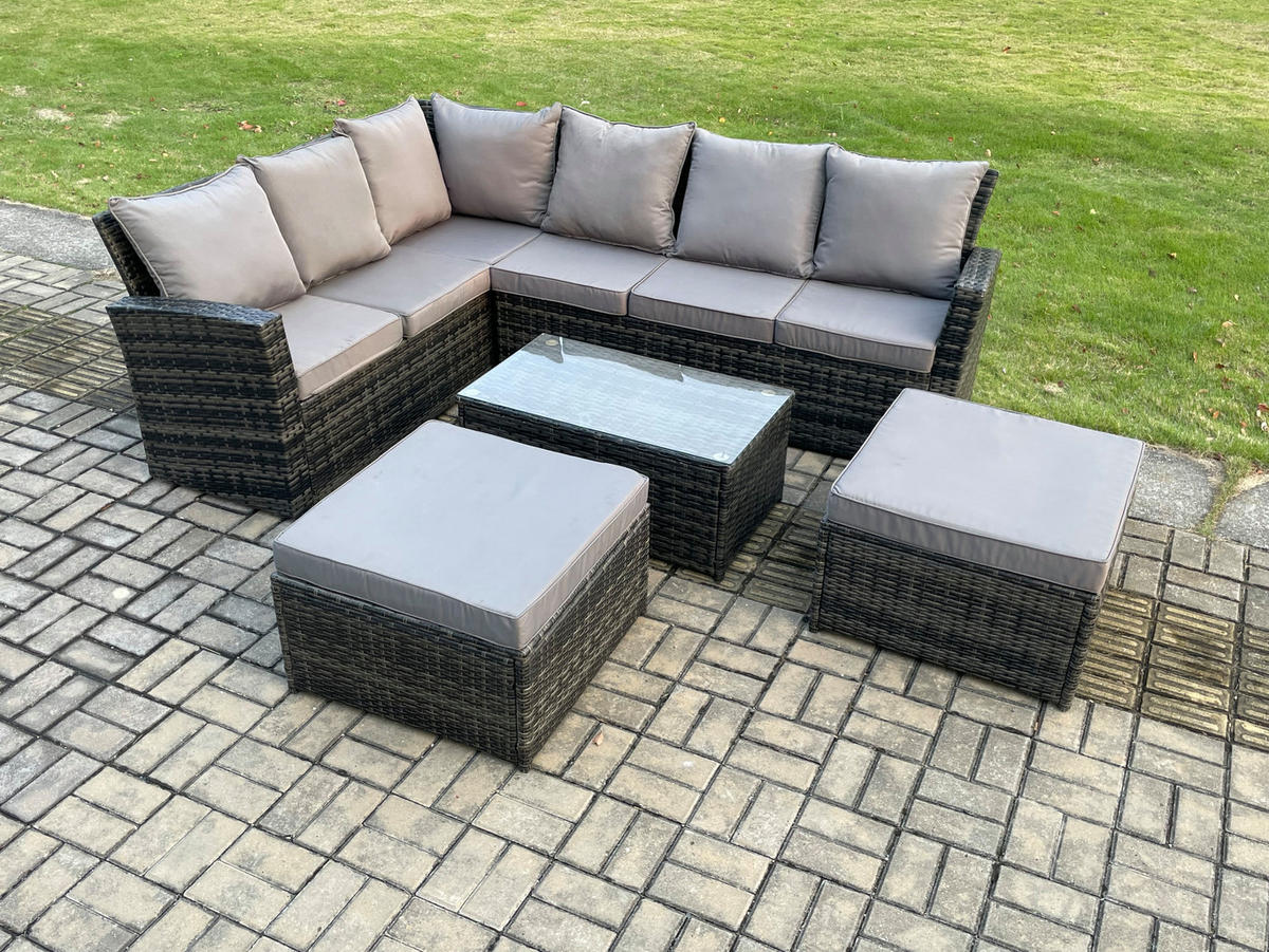 BALKONMÖBEL-SETS mit Ecksofa,Länglicher Couchtisch,2 große Fußhocker Polyrattan Dunkelgrau 8-Sitzer - Dunkelgrau/Grau, Glas/Kunststoff - Fimous