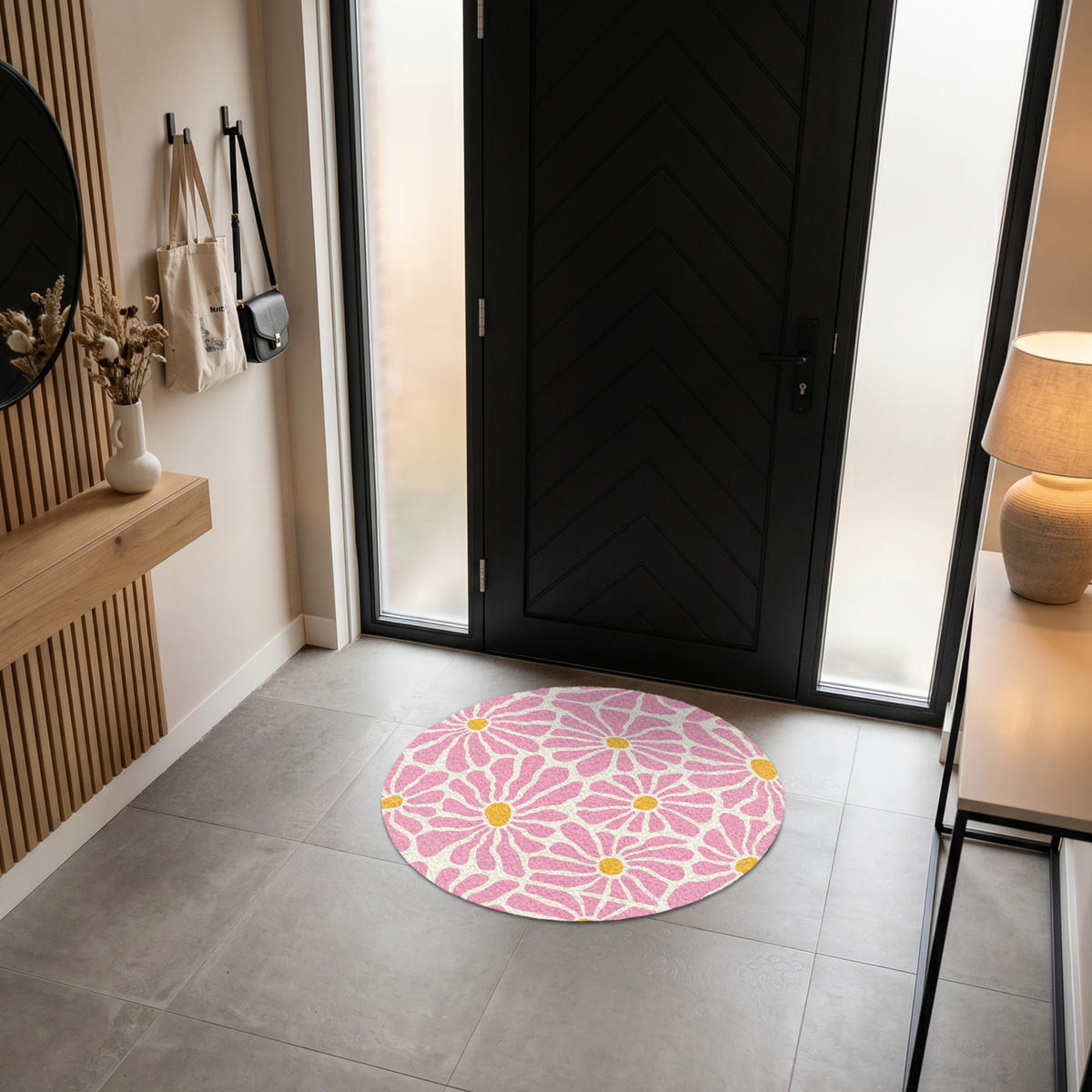 ROHOŽKA Květiny - vzor - růžová - béžová - oranžová 90x90 cm - růžová, textil/umělá hmota (90/0.4cm) - MuchoWow