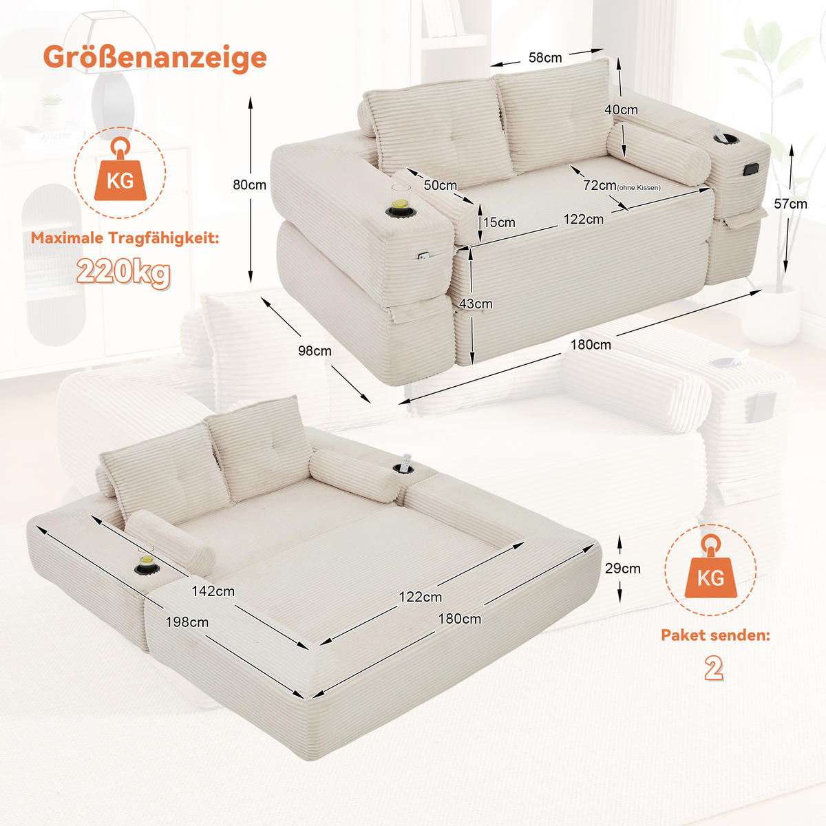 SCHLAFSOFA mit Cordbezug, Memory-Kissen, Getränkehalter und Zierkissen - Beige, Textil (180/80/98cm) - EVRYAE