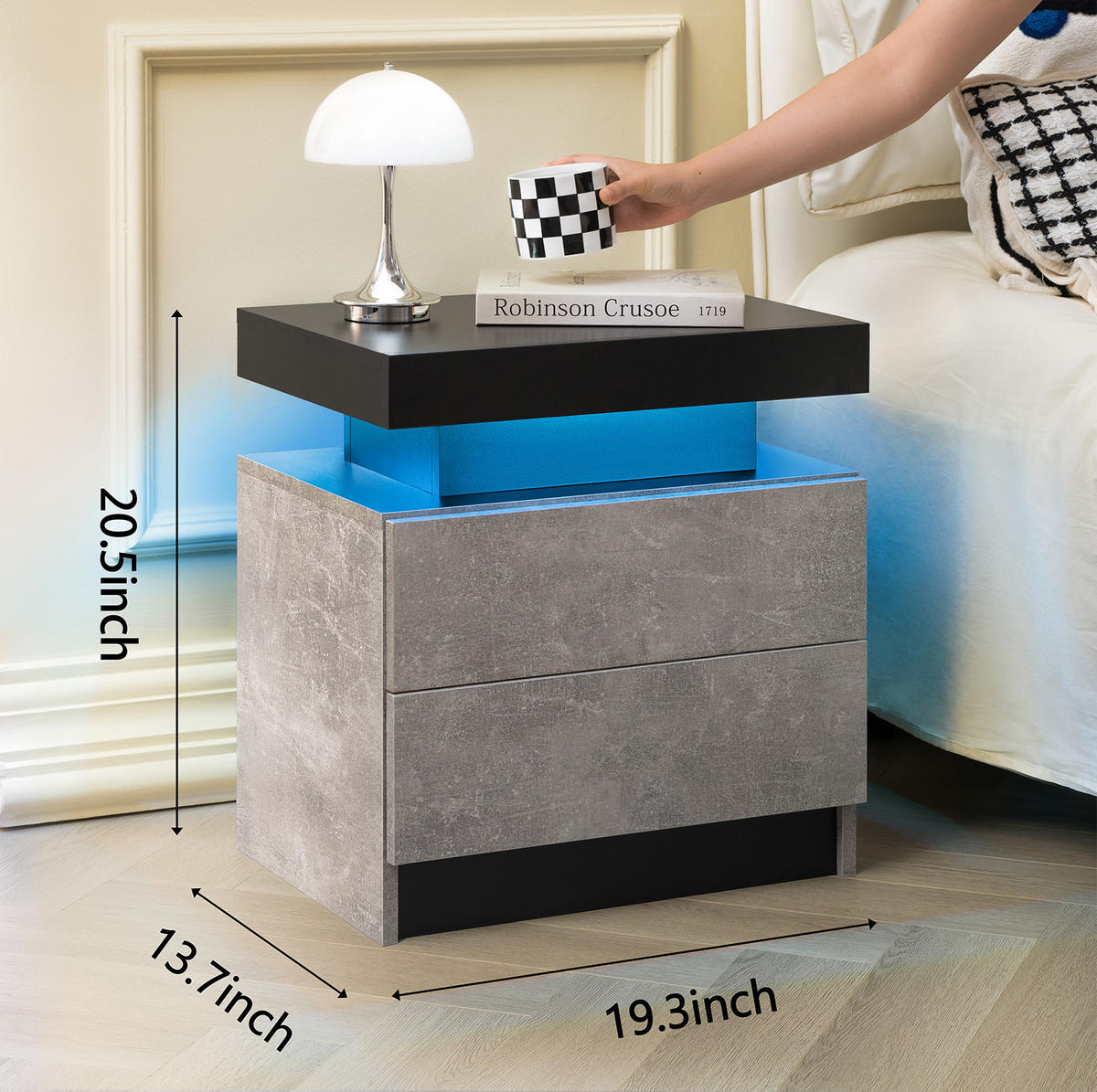 NACHTTISCH 50/53/36 cm mit LED-Beleuchtung, 2 Schubladen & offenem Fach in Grau - Grau, Holzwerkstoff (53/36/50cm) - BEAOK