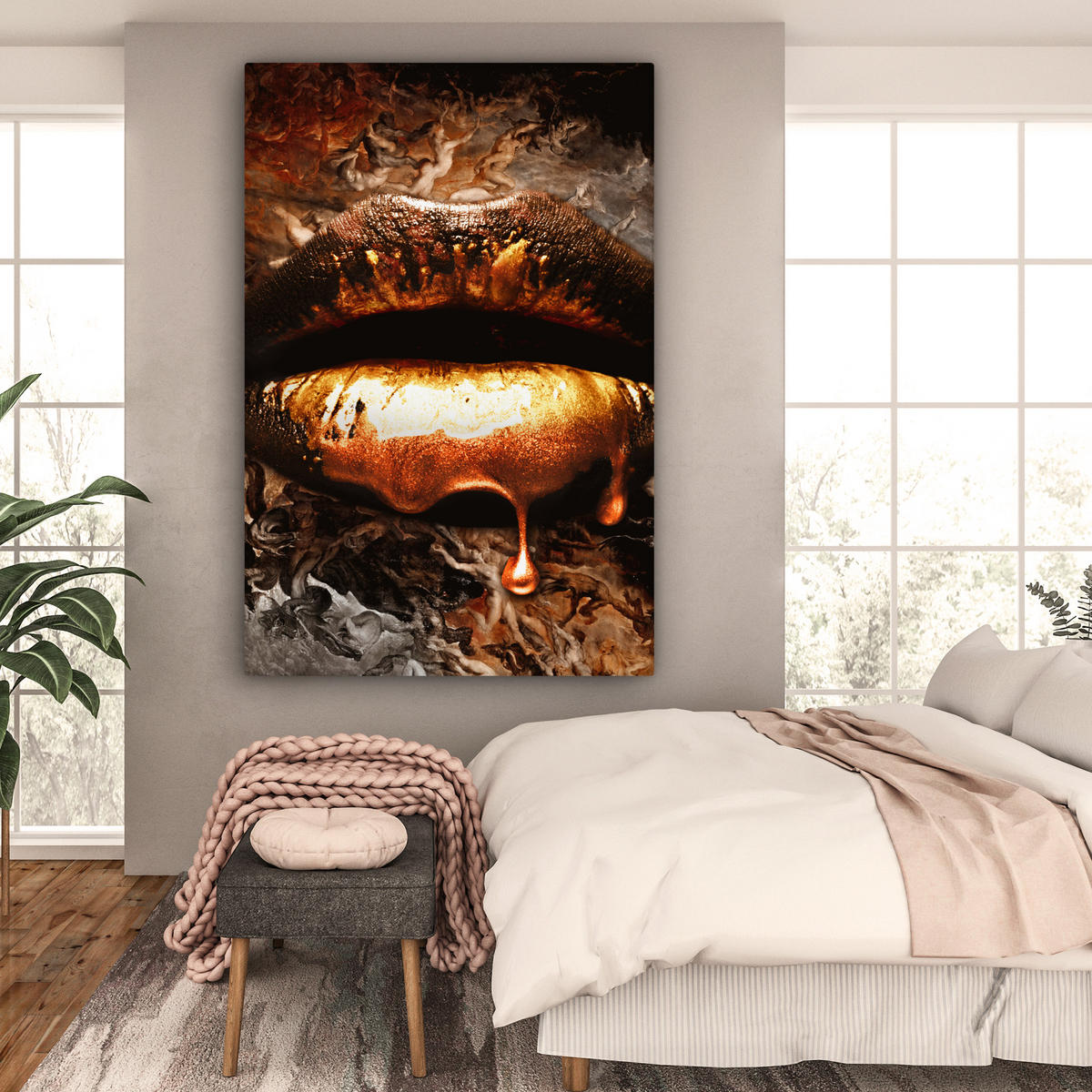 OBRAZ NA PLÁTNĚ Zlato - Rty - Umění - Zlato - Luxus - Abstraktní 90x140 cm - měděná, textil (90/140cm) - MuchoWow