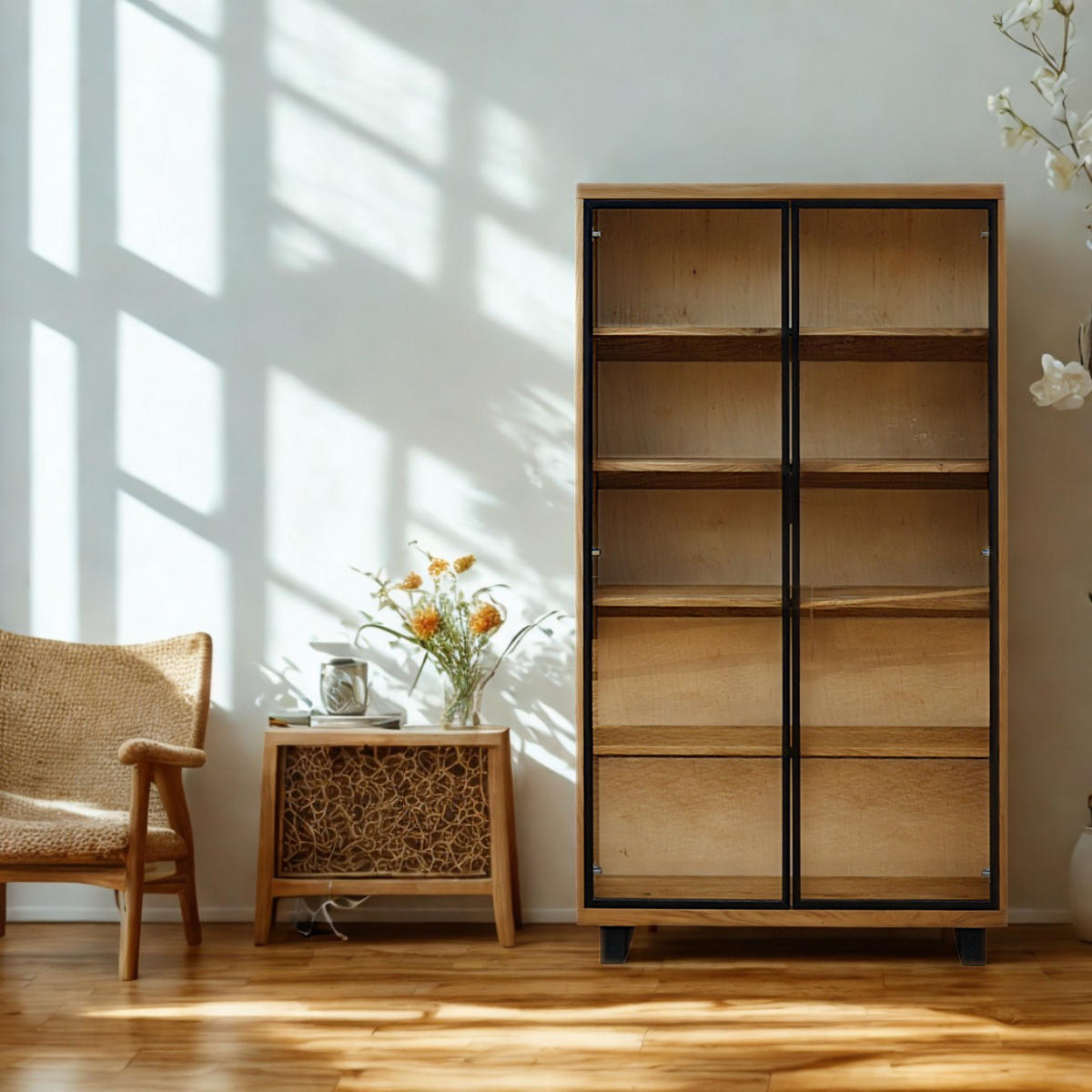 VITRINE aus Eichenholz mit Regalen DELIO III - Eichefarben, Holz (100/200/40cm) - Rawood Furniture