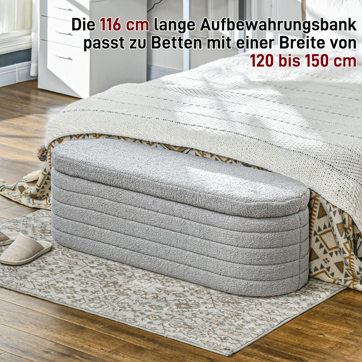 SITZBANK Polsterbank mit Stauraum, Teddy-Vlies-Optik, Bettbank mit Holzbeine - Hellgrau, Kunststoff (41/40.5/116cm) - HOMCOM
