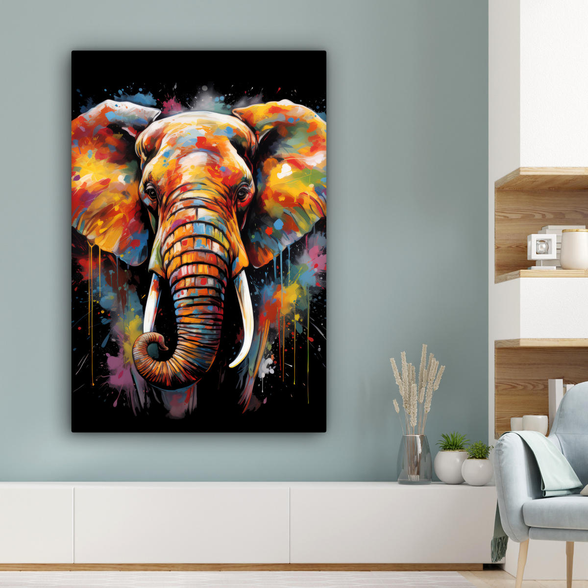 LEINWANDBILD Elefant - Graffiti - Schwarz - Tiere - Farben Deko Groß 90x140 cm - Schwarz, Textil (90/140cm) - MuchoWow