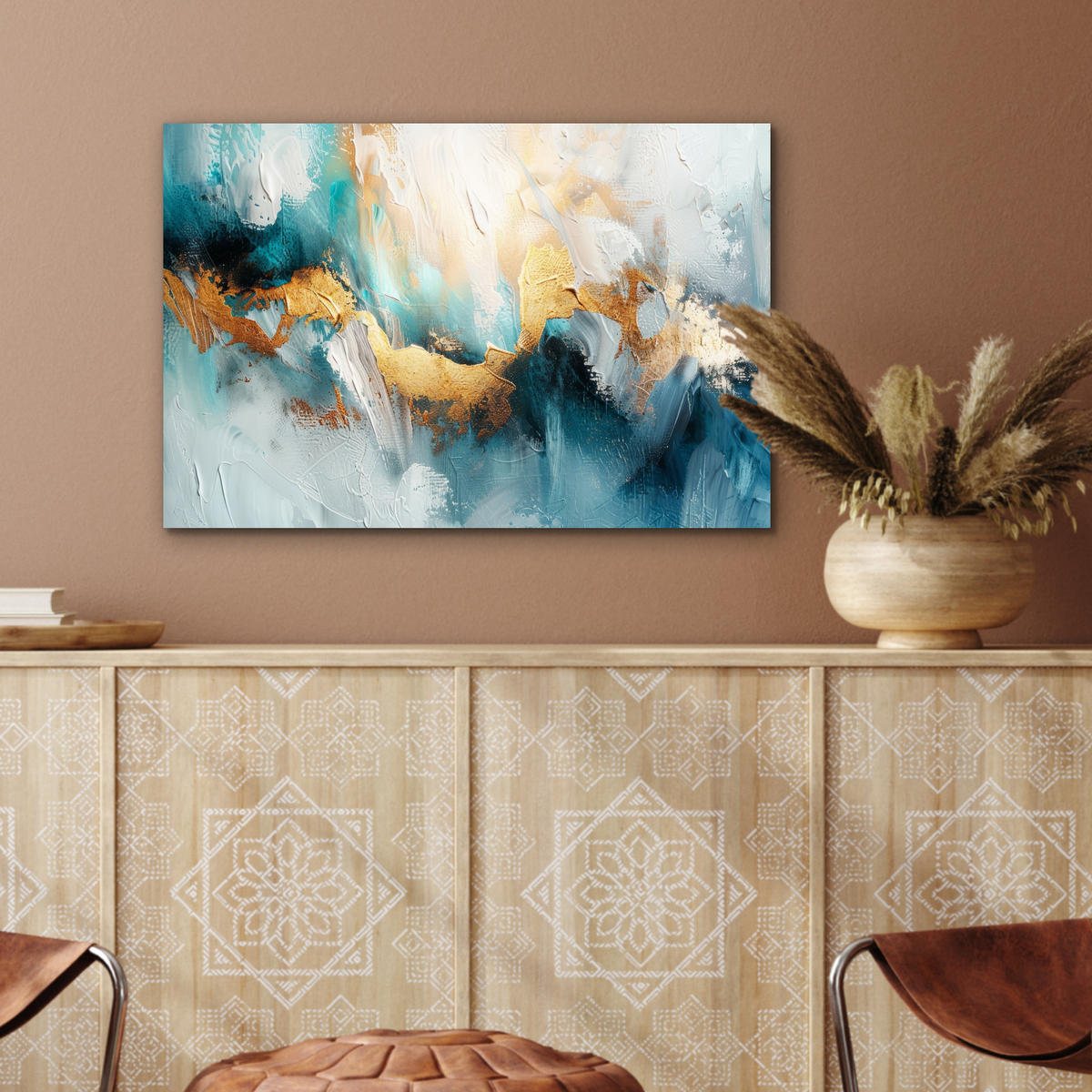 METALLBILD Abstrakt - Kunst - Gold - Blau 60x40 cm - Petrol, Metall (60/40cm) - MuchoWow