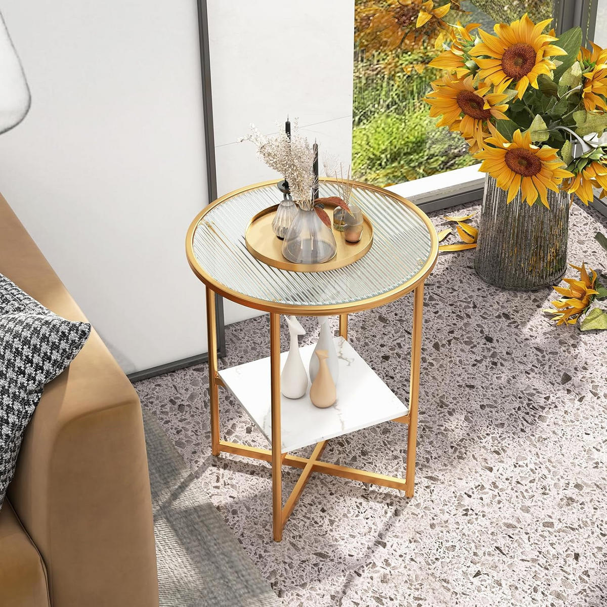 BEISTELLTISCH 60cm Gold - Goldfarben, Glas (50/50/60cm) - COSTWAY
