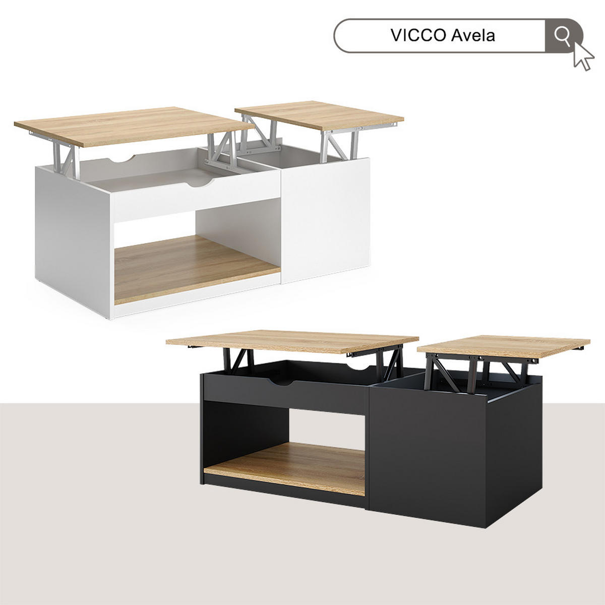 COUCHTISCH Avela Schwarz 110 x 110 cm - Schwarz/Sonoma Eiche, Holzwerkstoff (110/55/54cm) - Vicco
