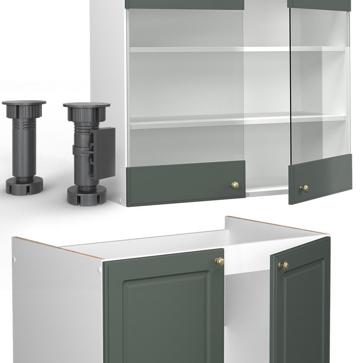 KÜCHENZEILE Fame-Line Grün-Gold Landhaus/Weiß 240 cm, AP Eiche - Weiß/Grün, Holzwerkstoff (240/81.6/60cm) - Vicco