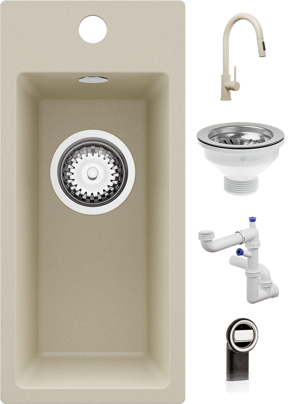 GRANITSPÜLE - Riga, 3-er set Beige 23/50 cm, 1 Becken + Küchenarmatur 40/20 cm + Ablauf-Set ab 25er Unterschrank - Beige, Kunststoff (23/200/500cm) - Primagran