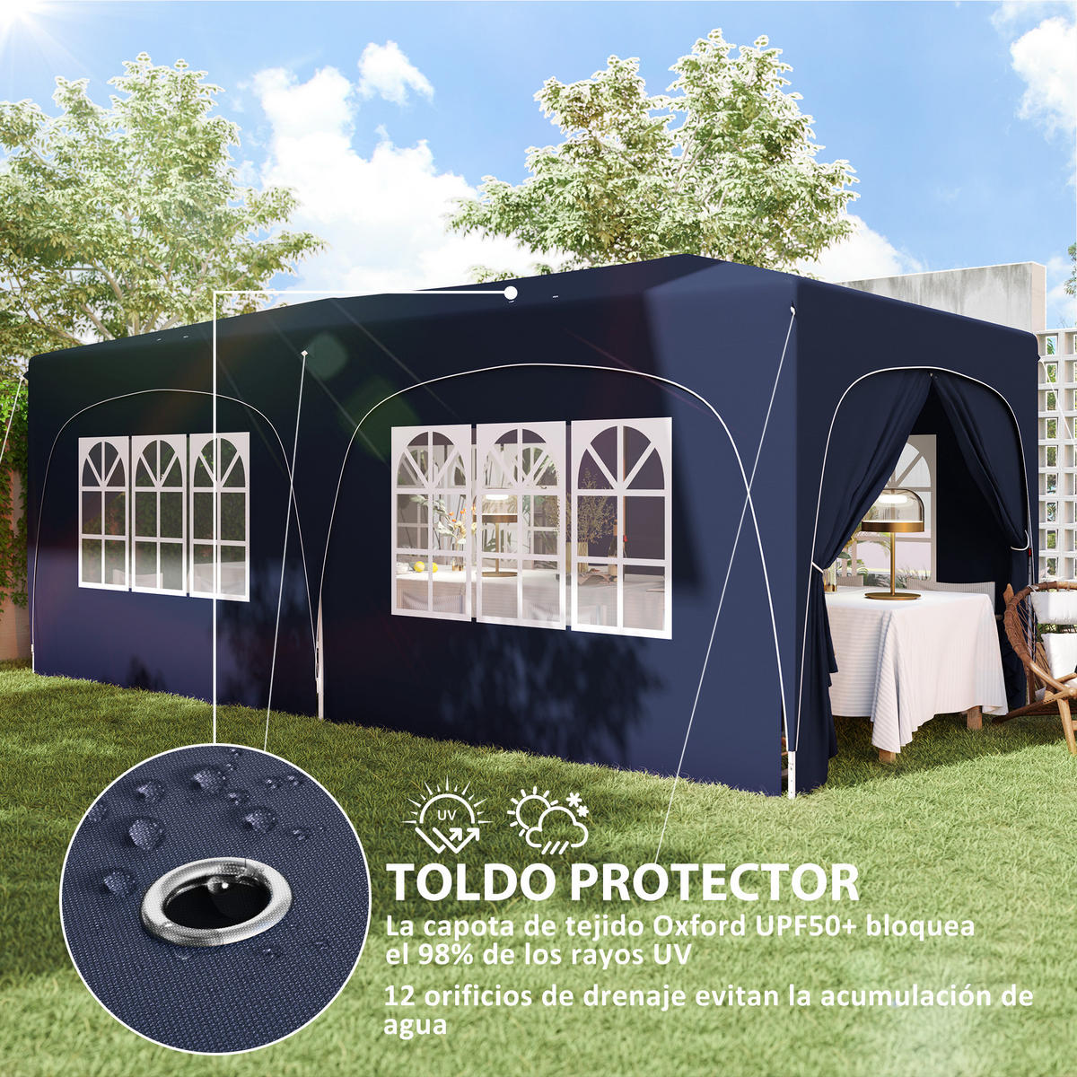 FALTPAVILLON, 3x6m, Seitenwände, UPF50+, höhenverstellbar, Dunkelblau - Multicolor, Metall (597/270/300cm) - FORIOUS