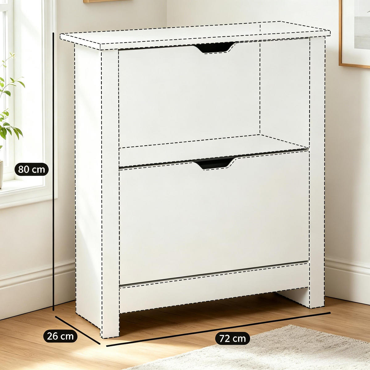 SCHUHKIPPER DE-38082 72/26/80 cm mit 2 Klapptüren Naturholz/Weiß - Weiß, Holzwerkstoff (72/80/26cm) - ComfortXL