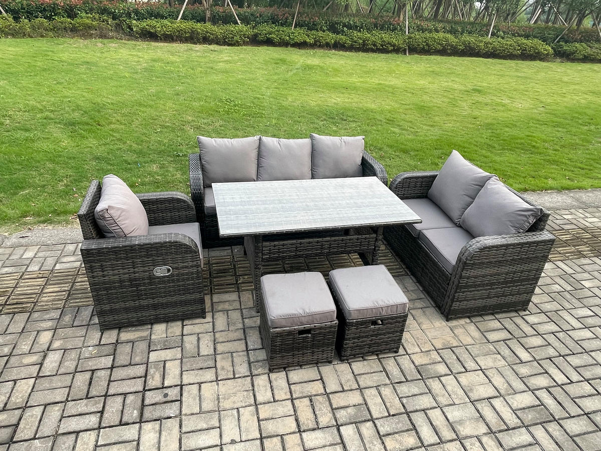GARTENTISCHGRUPPE mit Liegestuhl,Hocker Polyrattan 8-Sitzer - Dunkelgrau/Grau, Glas/Kunststoff - Fimous