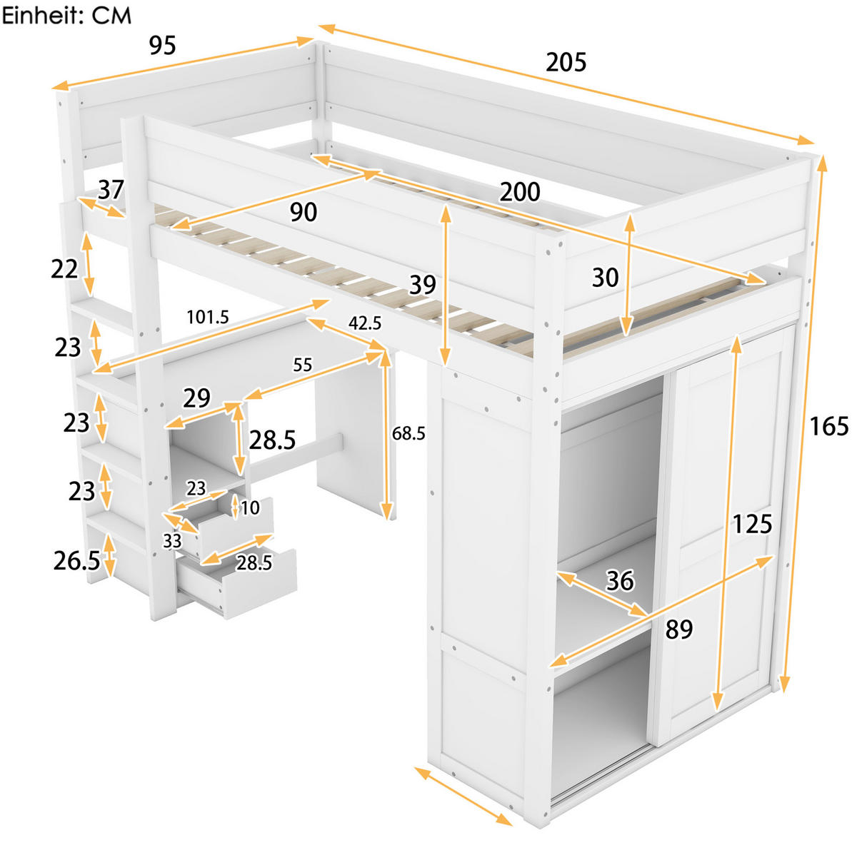 HOCHBETT 90/200 cm aus Kiefernholz und MDF mit Schreibtisch und Kleiderschrank Weiß - Weiß, Holz (90/200cm) - Modenvie
