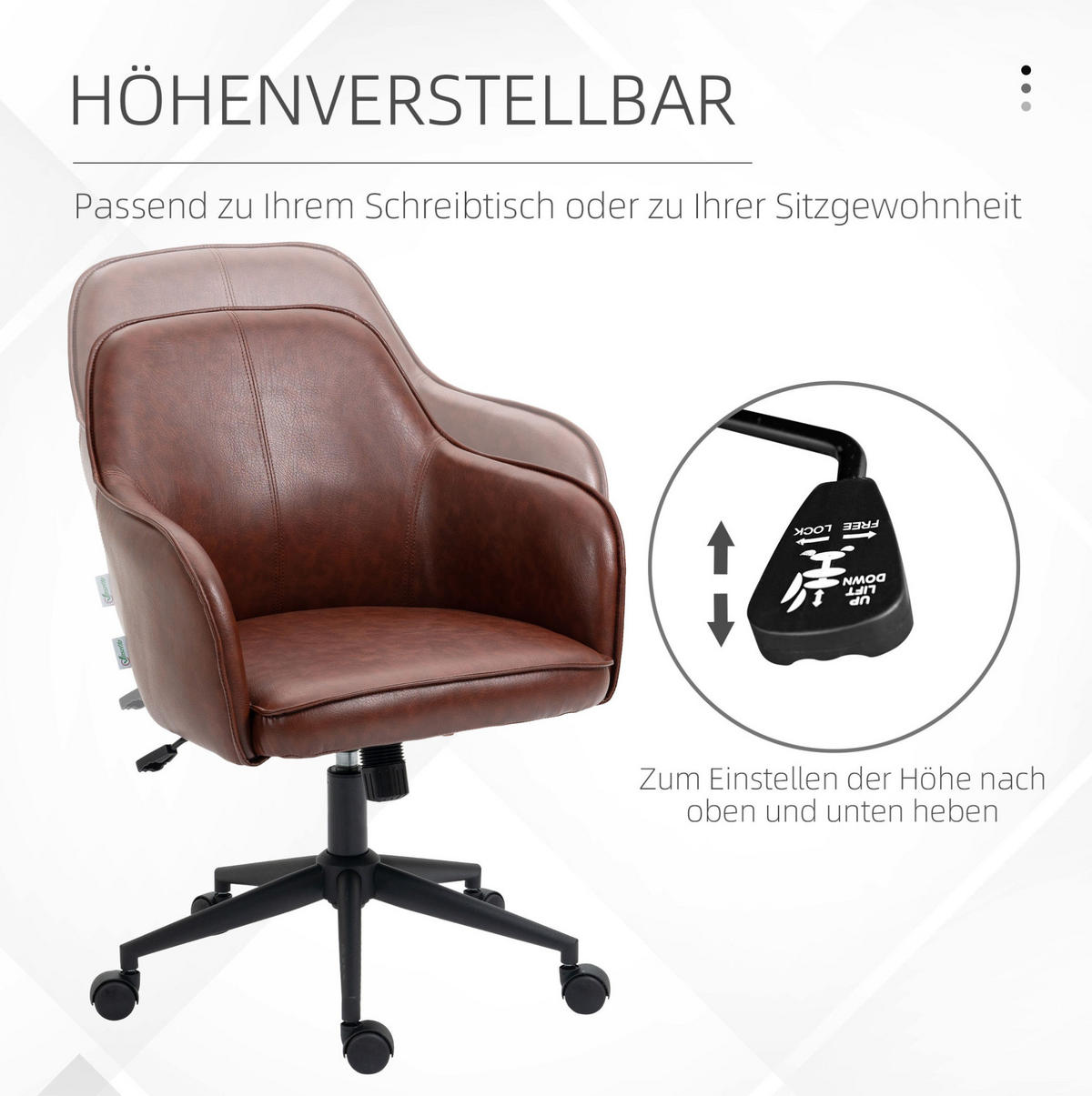 DREHSTUHL 58,5/62/83-91 cm braun aus Kunstleder mit Wippfunktion - Braun, Leder (62/91/58.5cm) - OKWISH