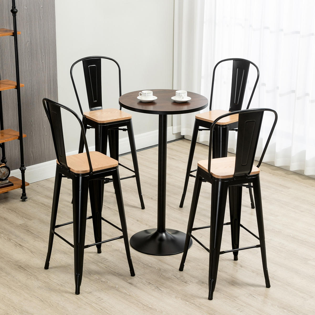 BARHOCKER 4er-Set DE-14705 industriell mit Rückenlehne & Fußstütze Hellholz/Schwarz - Schwarz, Metall (44/118/45cm) - ComfortXL