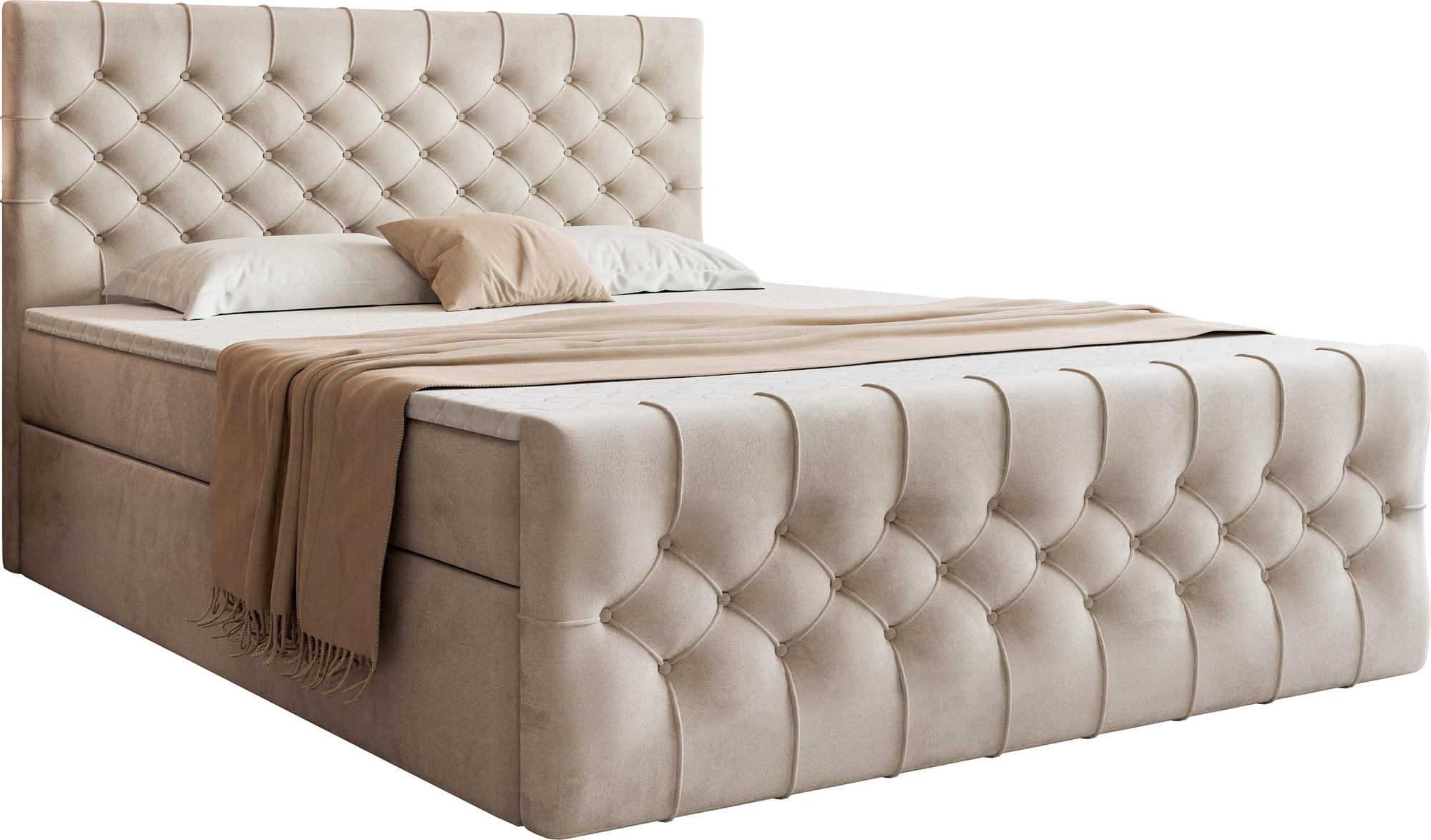 BOXSPRINGBETT Aurora mit Bettkasten, Beige Samt 200x200 cm – inkl. H3 Matratze und Topper - Beige/Schwarz, Holzwerkstoff/Kunststoff (200/200cm) - WFL GROUP