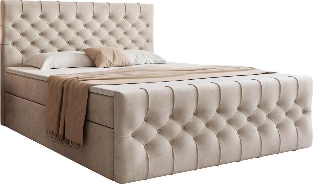 BOXSPRINGBETT Aurora mit Bettkasten, Beige Samt 200x200 cm – inkl. H3 Matratze und Topper - Beige/Schwarz, Holzwerkstoff/Kunststoff (200/200cm) - WFL GROUP