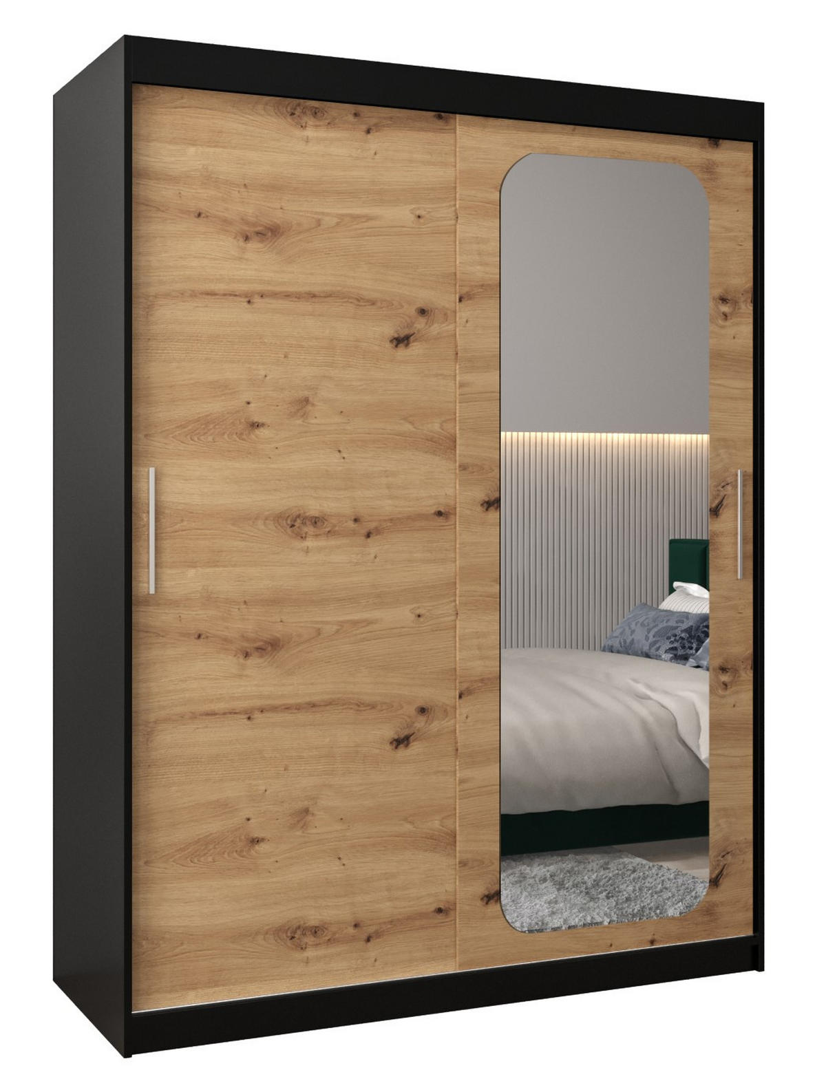 SCHWEBETÜRENSCHRANK 200/150/62 2-türig - Silberfarben/Schwarz, Holz/Kunststoff (150/200/62cm) - Abiks Möbel