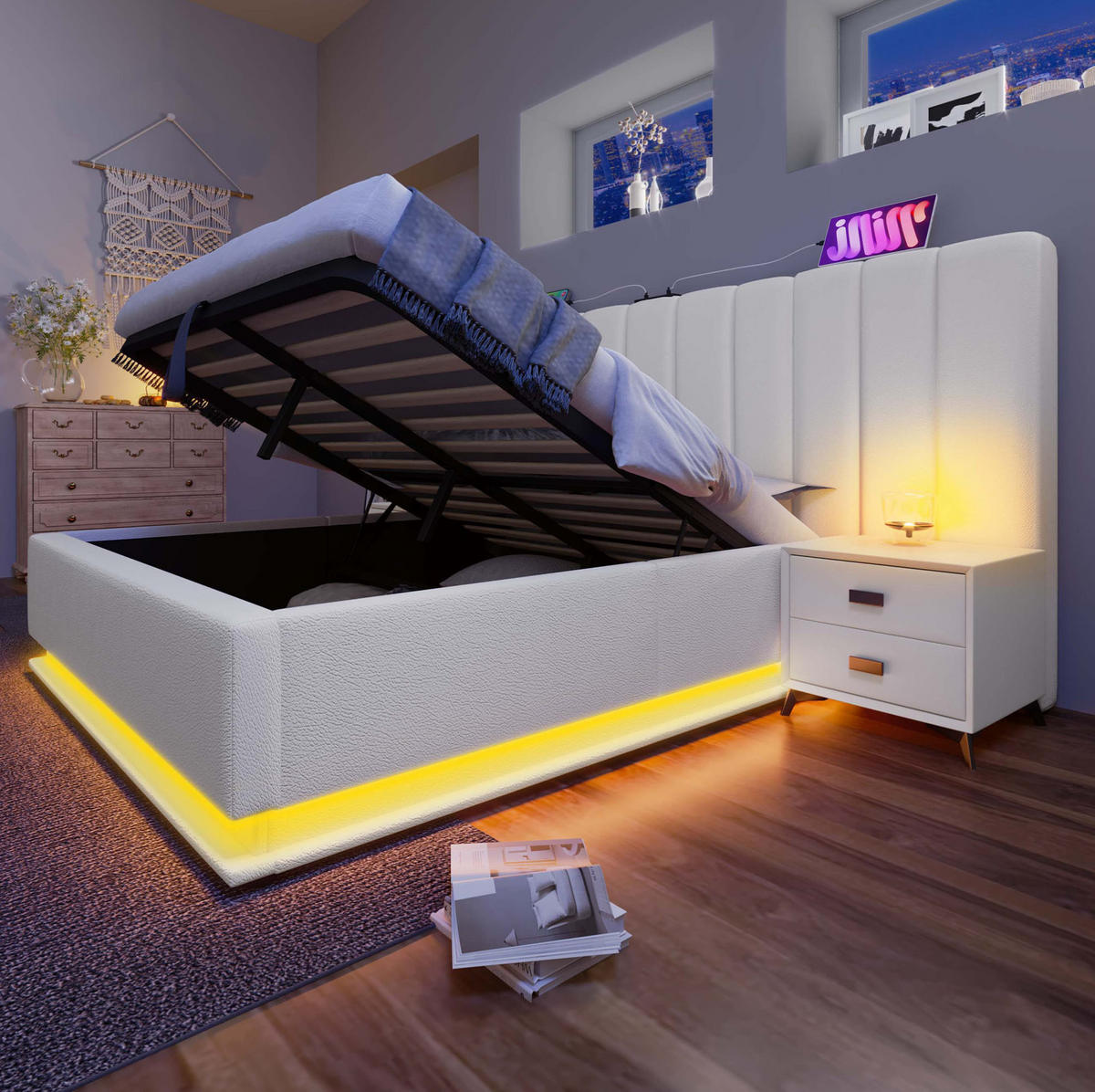 BETT mit Stauraum, LED und Ladefunktion 180x200 cm PU Weiß - Weiß, Metall (180/200cm) - Meubliv