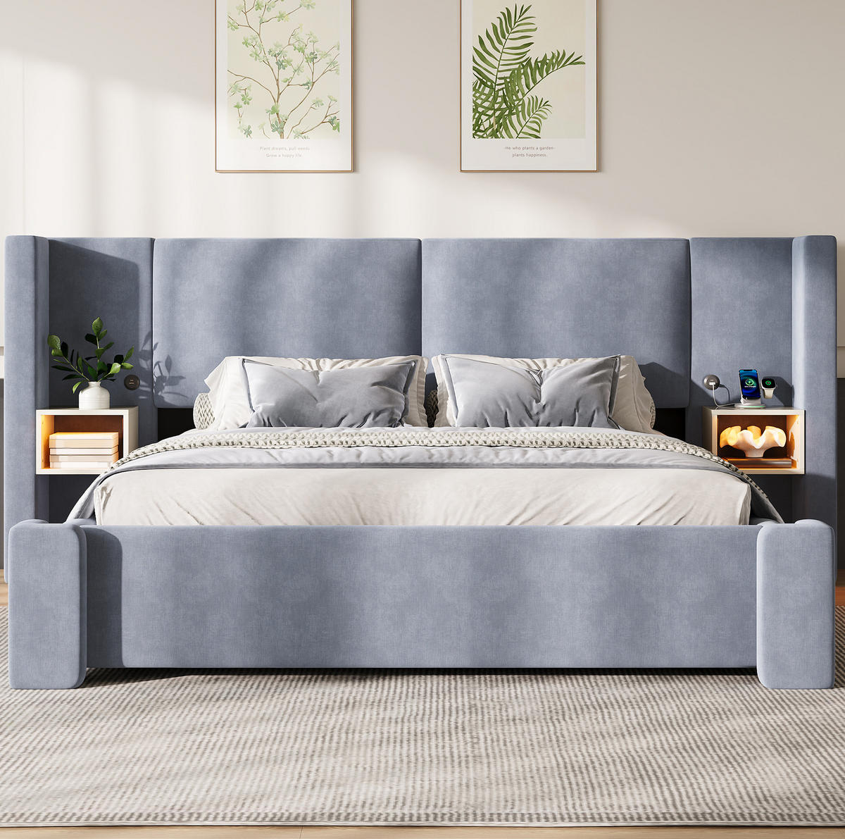 POLSTERBETT aus Leinen und MDF 140x200 cm Grau mit LED-Nachttischen, Staufächern und Hydraulikfunktion - Grau, Textil (140/200cm) - Modfu