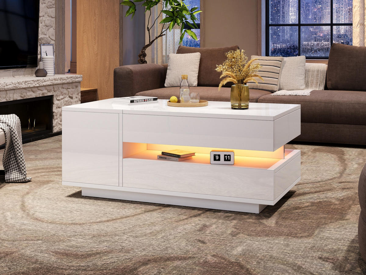 KONFERENČNÍ stolek 90/50/34,5 cm bílý, s LED a zvedací deskou - bílá, kompozitní dřevo (90/50/34.5cm) - BEAOK