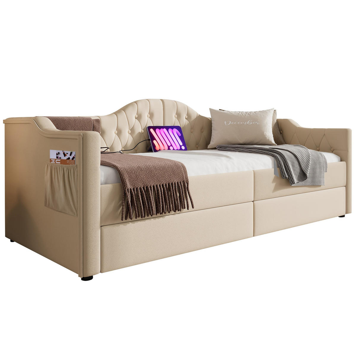 POLSTERBETT 90/200 cm Beige mit USB- und Type-C-Anschlüssen und 2 Schubladen - Beige, Textil (90/200cm) - OKWISH